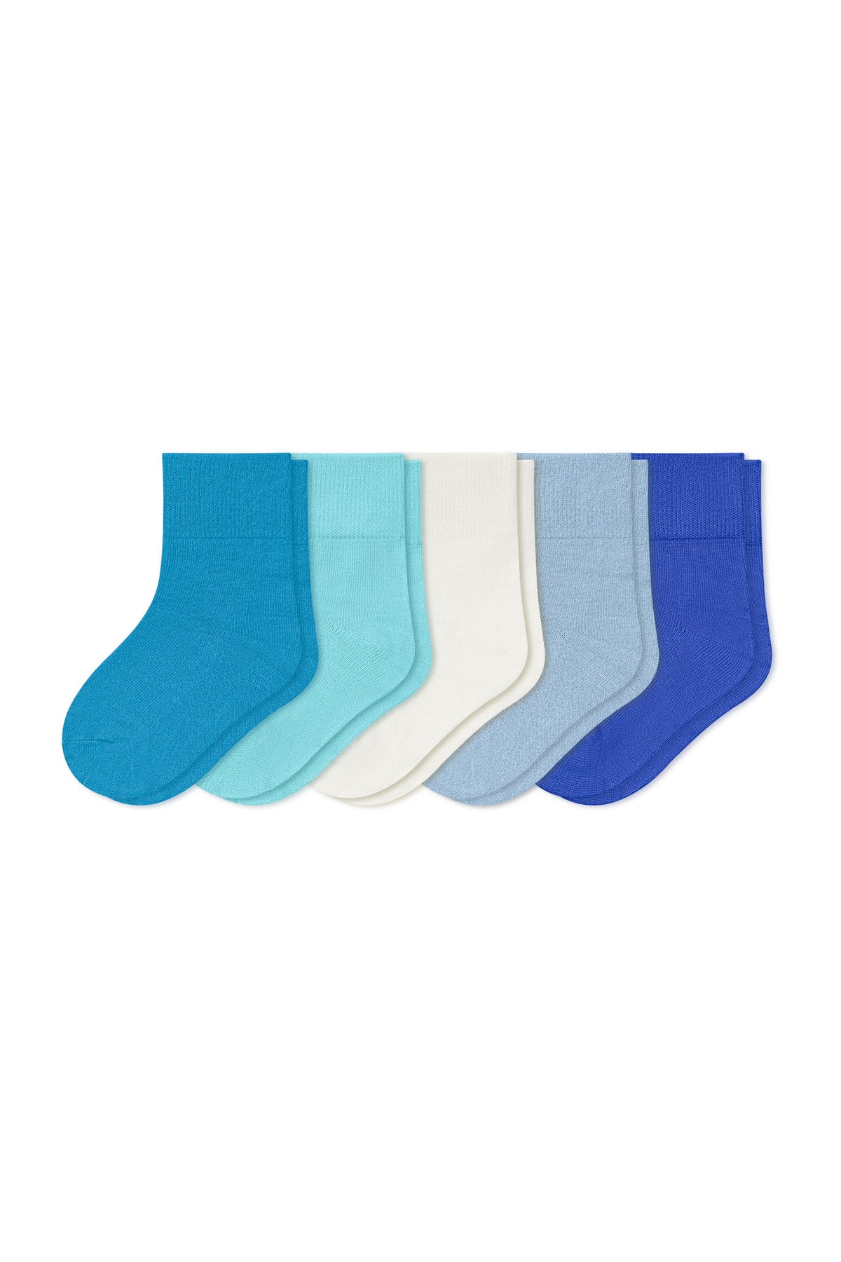 Kyte Baby Quarter Socks 5-Pack in Wave set includes: Lagoon, Robin, Cloud, Breeze and Indigo shown on a white background