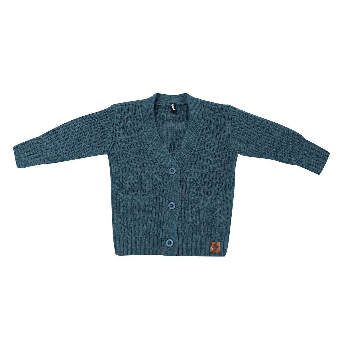 Product photo of the Chunky Knit Oversized Cardigan in Atlantic shown buttoned up with the side pockets and Kyte Baby vegan leather tag visible