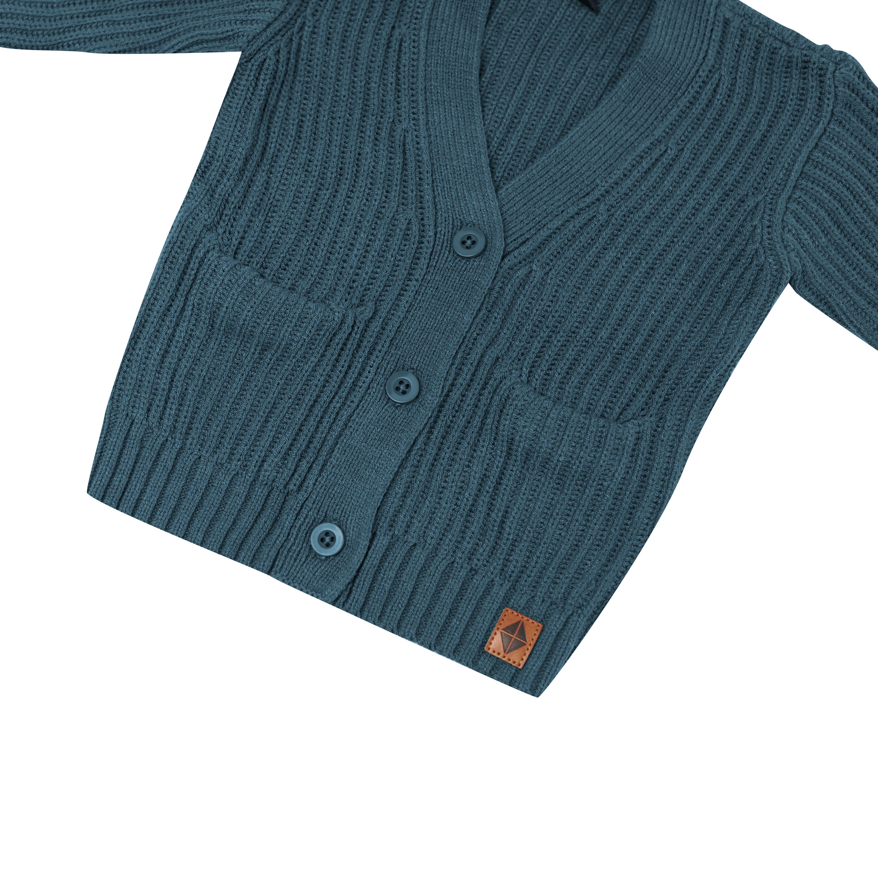 Close up of the pockets and button closures on the Chunky Knit Oversized Cardigan in Atlantic