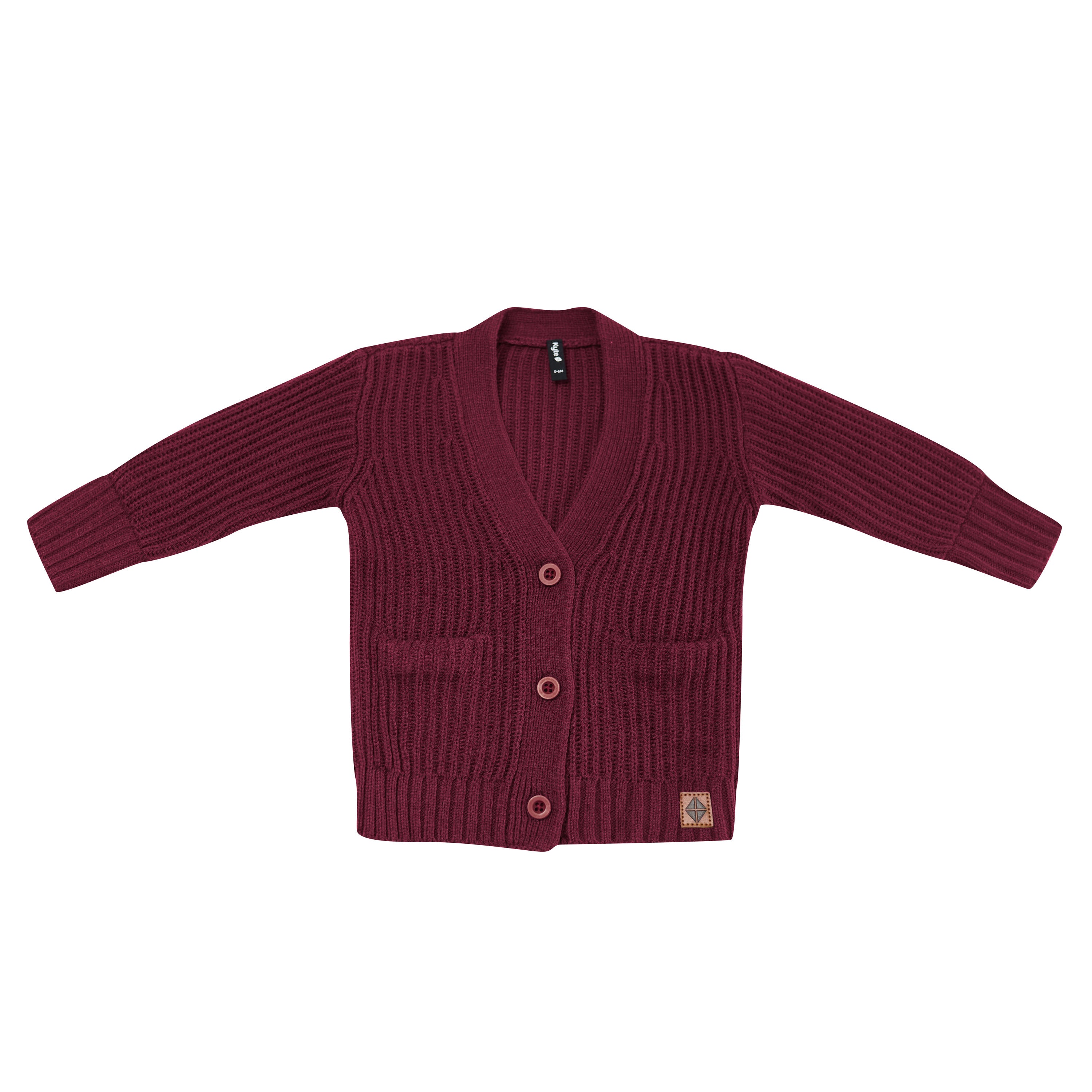 Chunky Knit Oversized Cardigan in Burgundy shown buttoned up with the side pockets and Kye Baby vegan leather tag visible