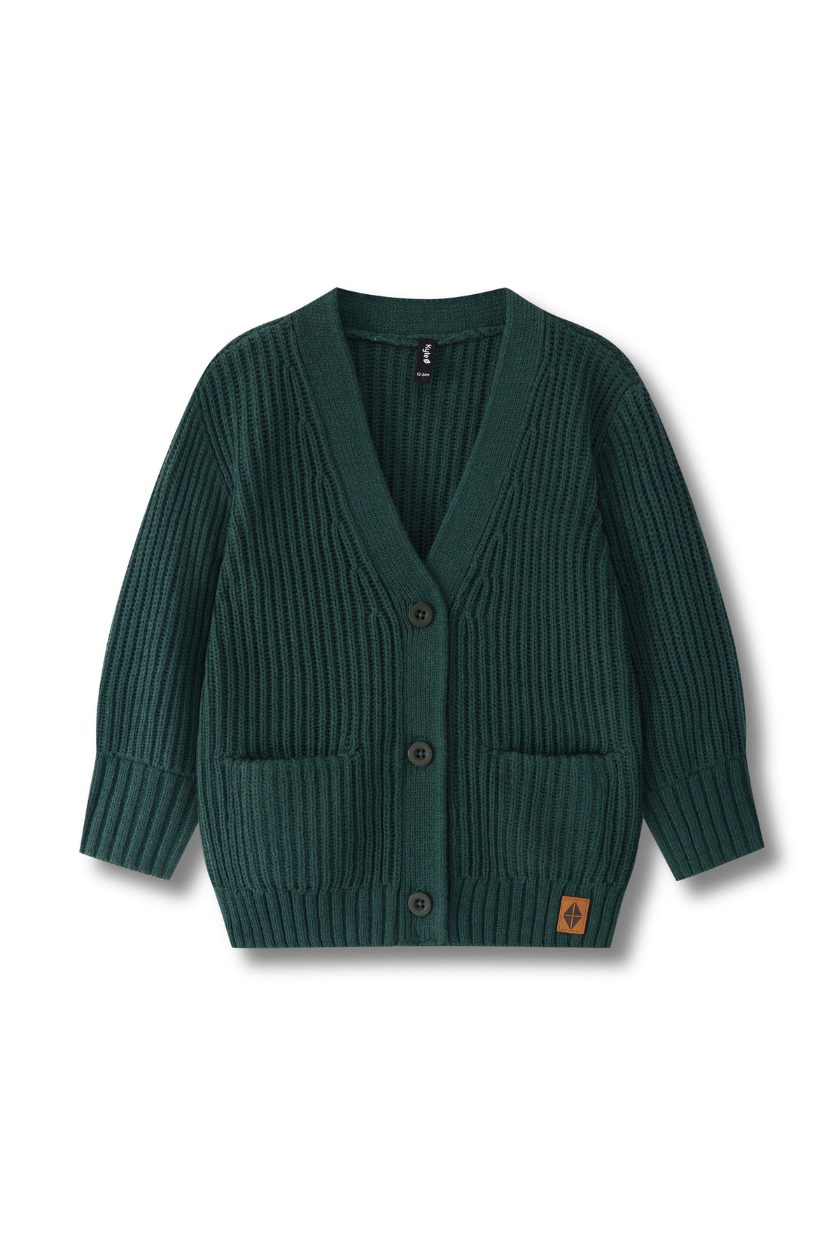 Chunky knit dark green cardigan with button and pockets in front