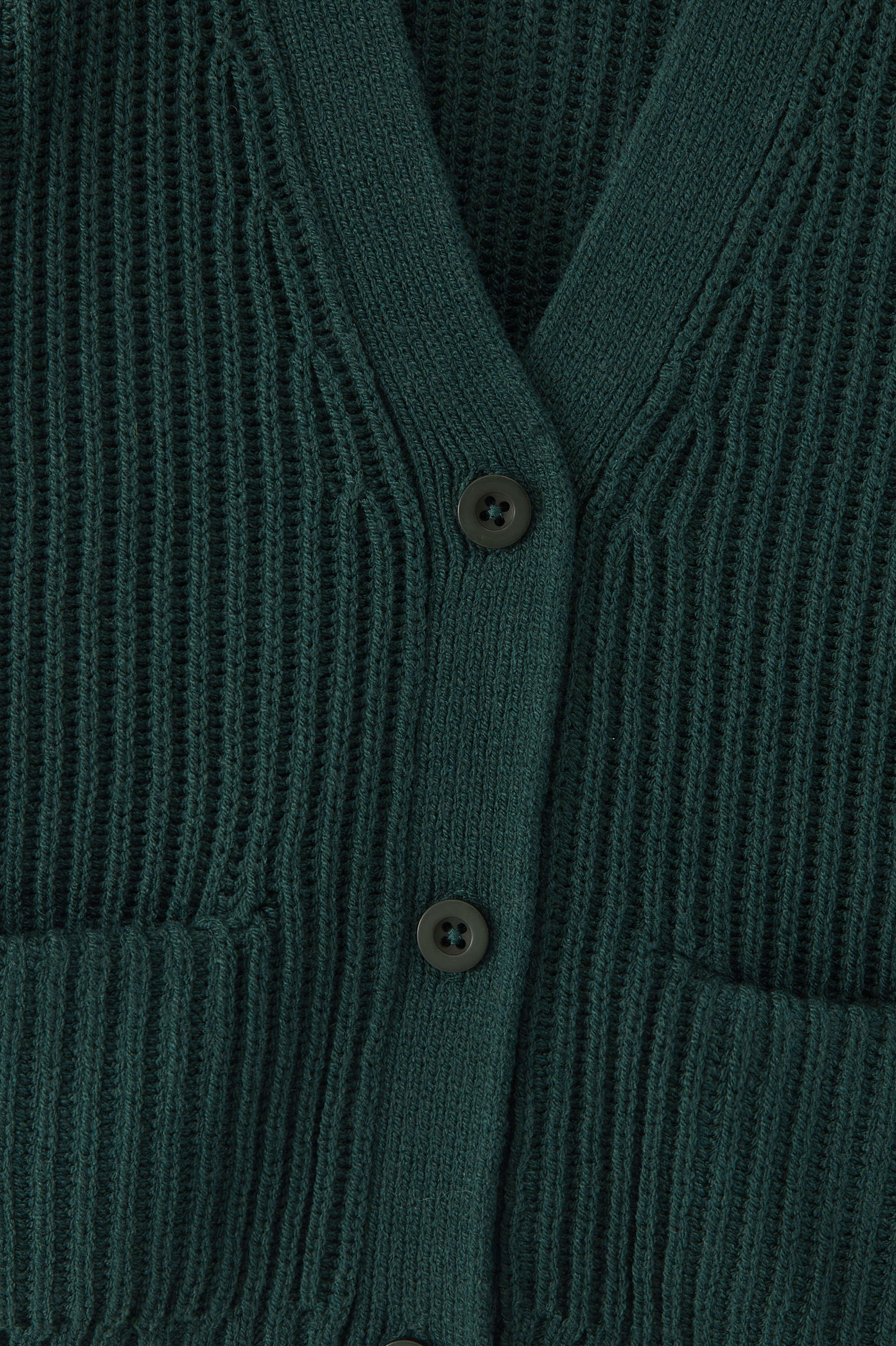 Close up of vneck dark green cardigan with button closure