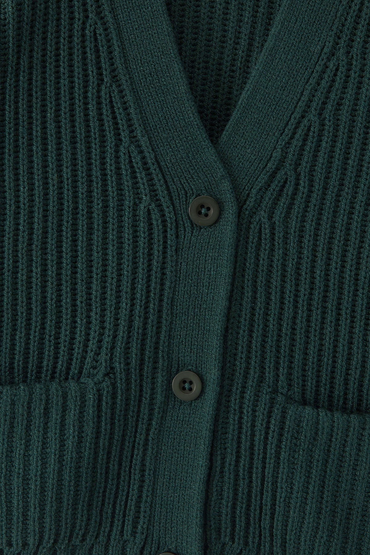 Close up of vneck dark green cardigan with button closure