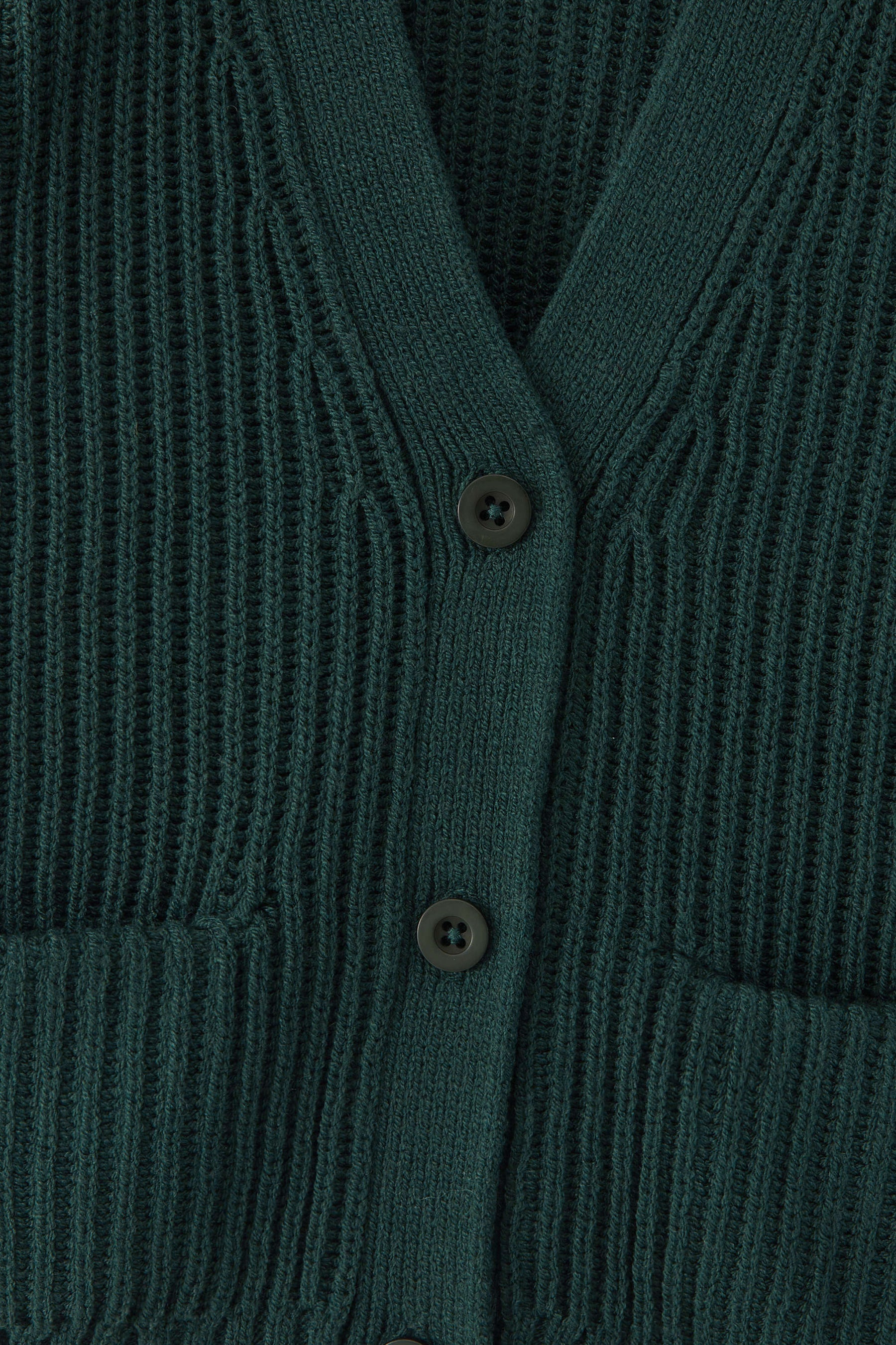 Close up of vneck dark green cardigan with button closure