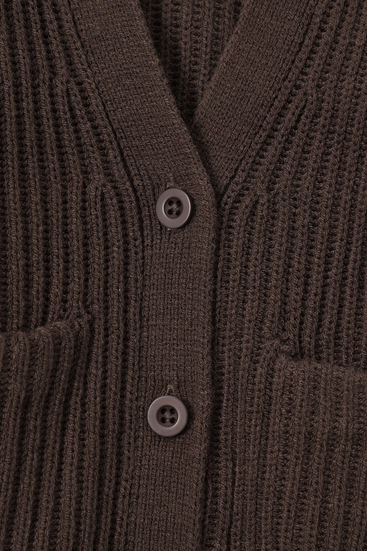 Close up of oversized dark brown cardigan with button closure