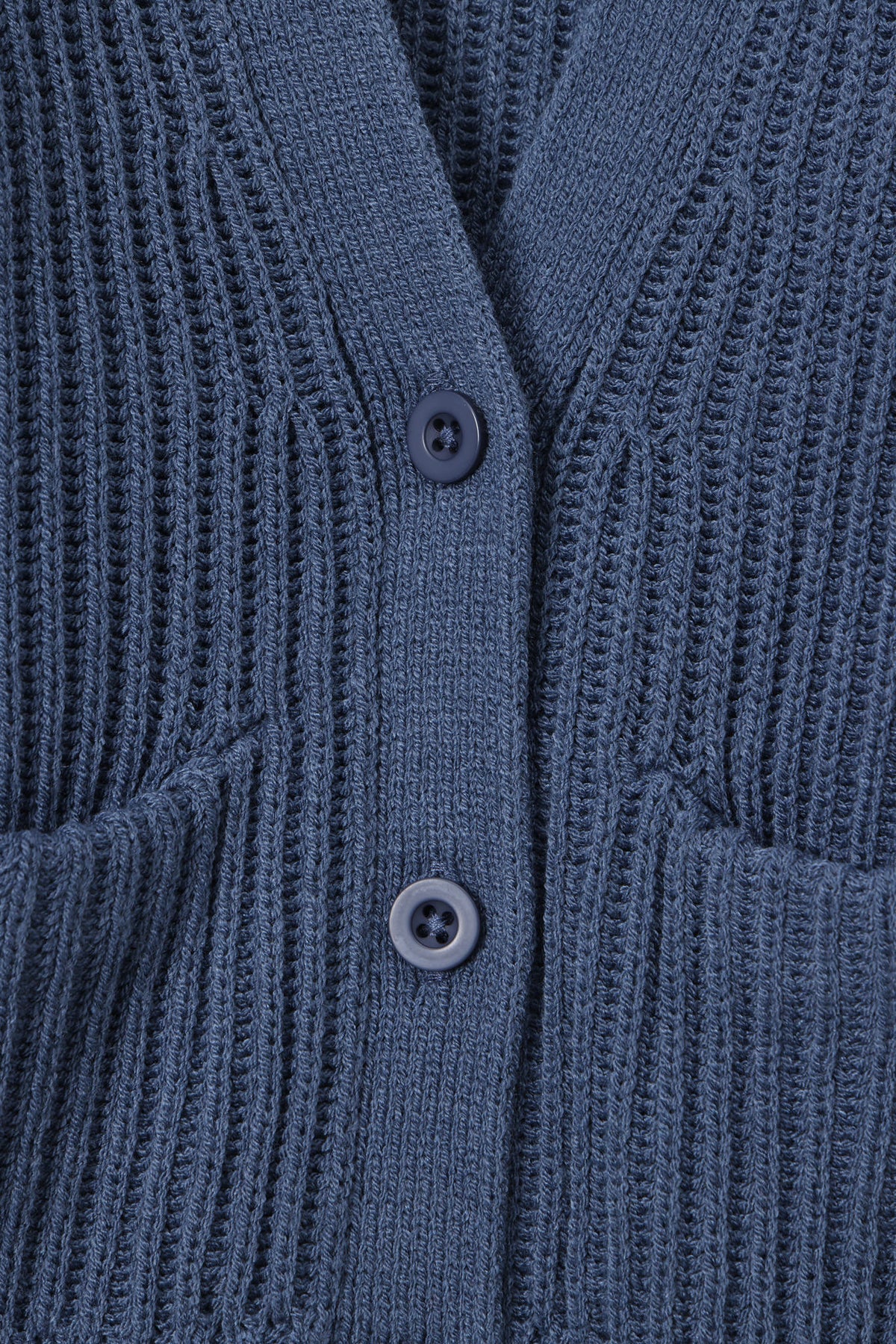 Close up of oversized blue cardigan with button closure