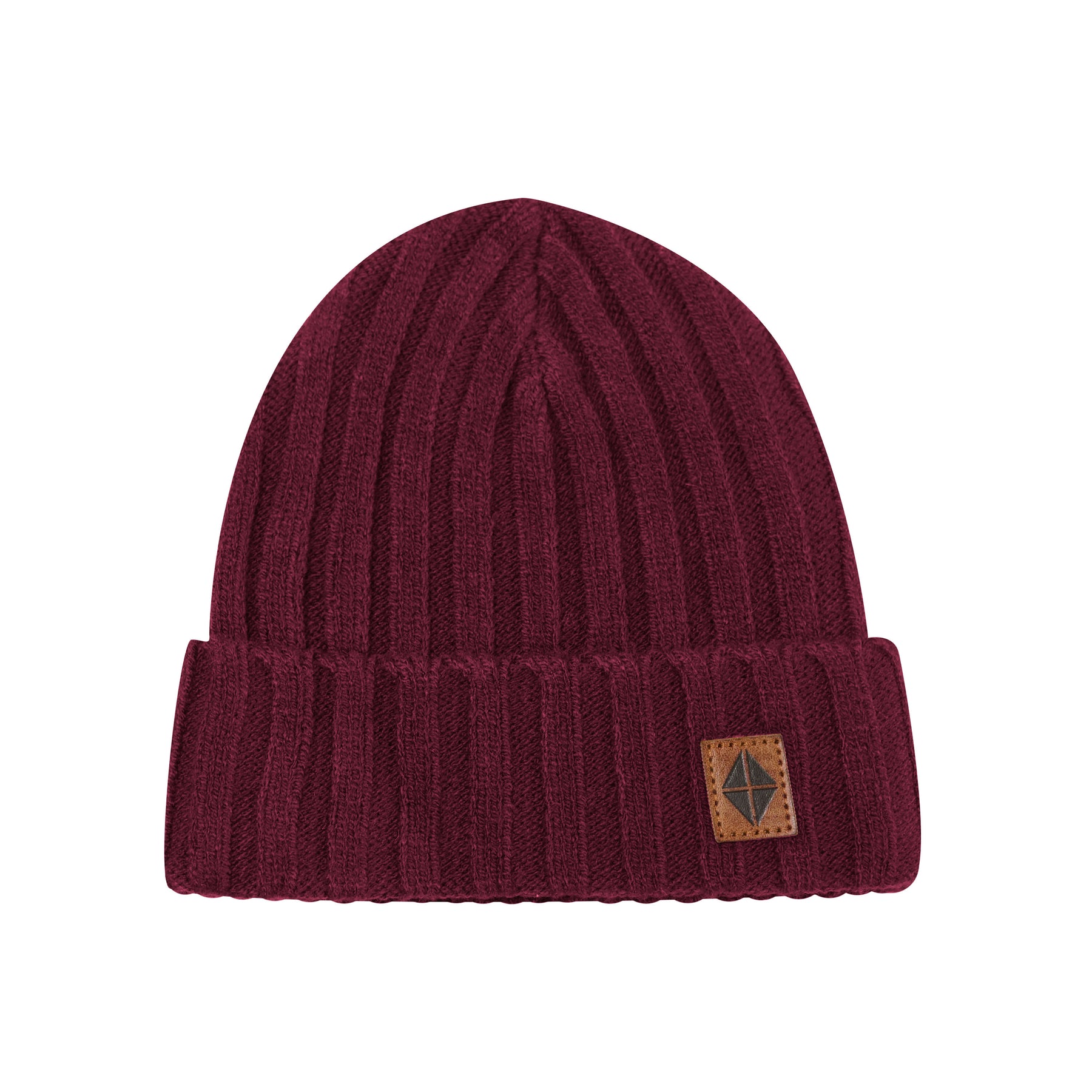 Product photo of the Chunky Knit Ribbed Beanie in Burgundy with the Kyte Baby Vegan leather tag visible