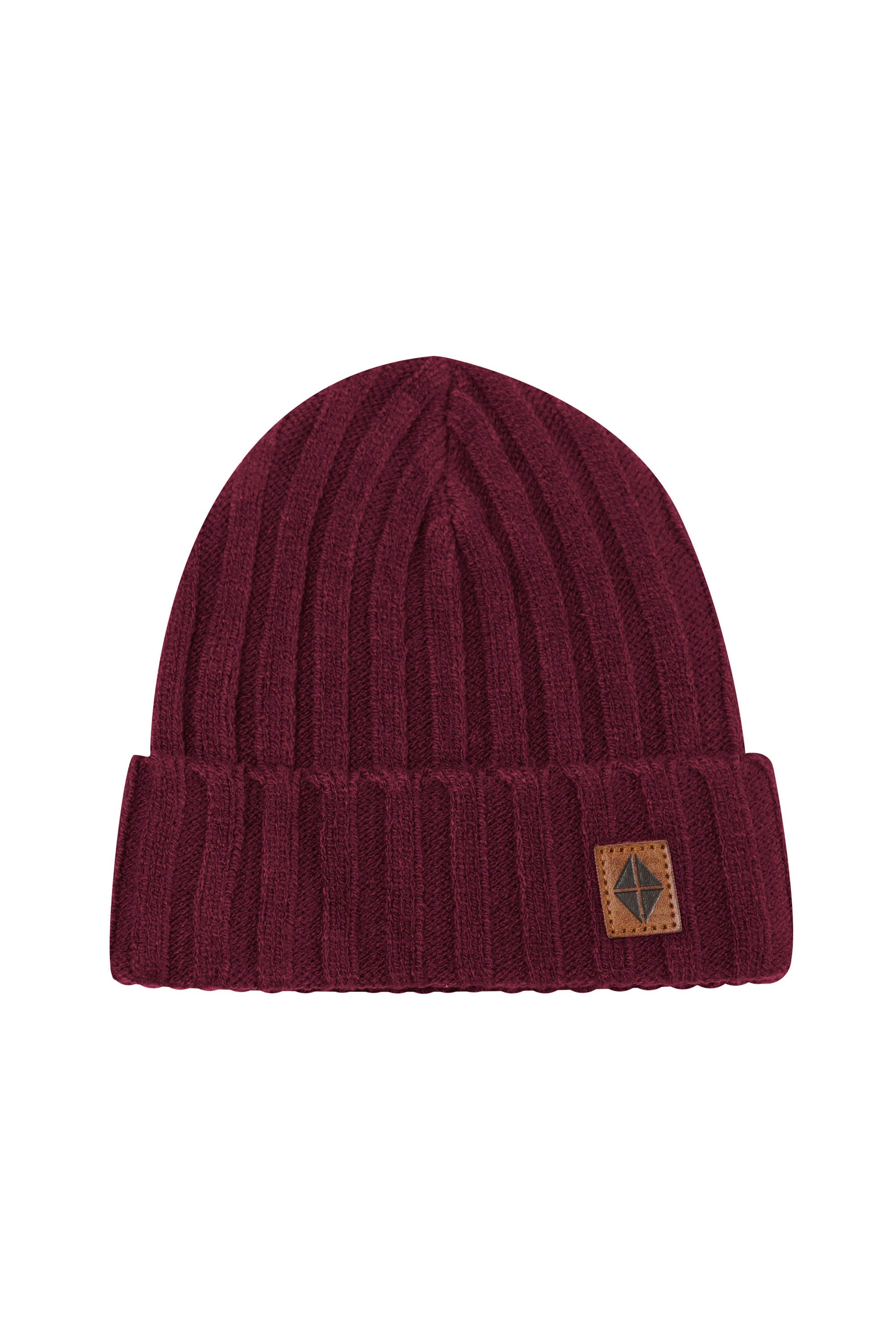 Product photo of the Chunky Knit Ribbed Beanie in Burgundy with the Kyte Baby Vegan leather tag visible