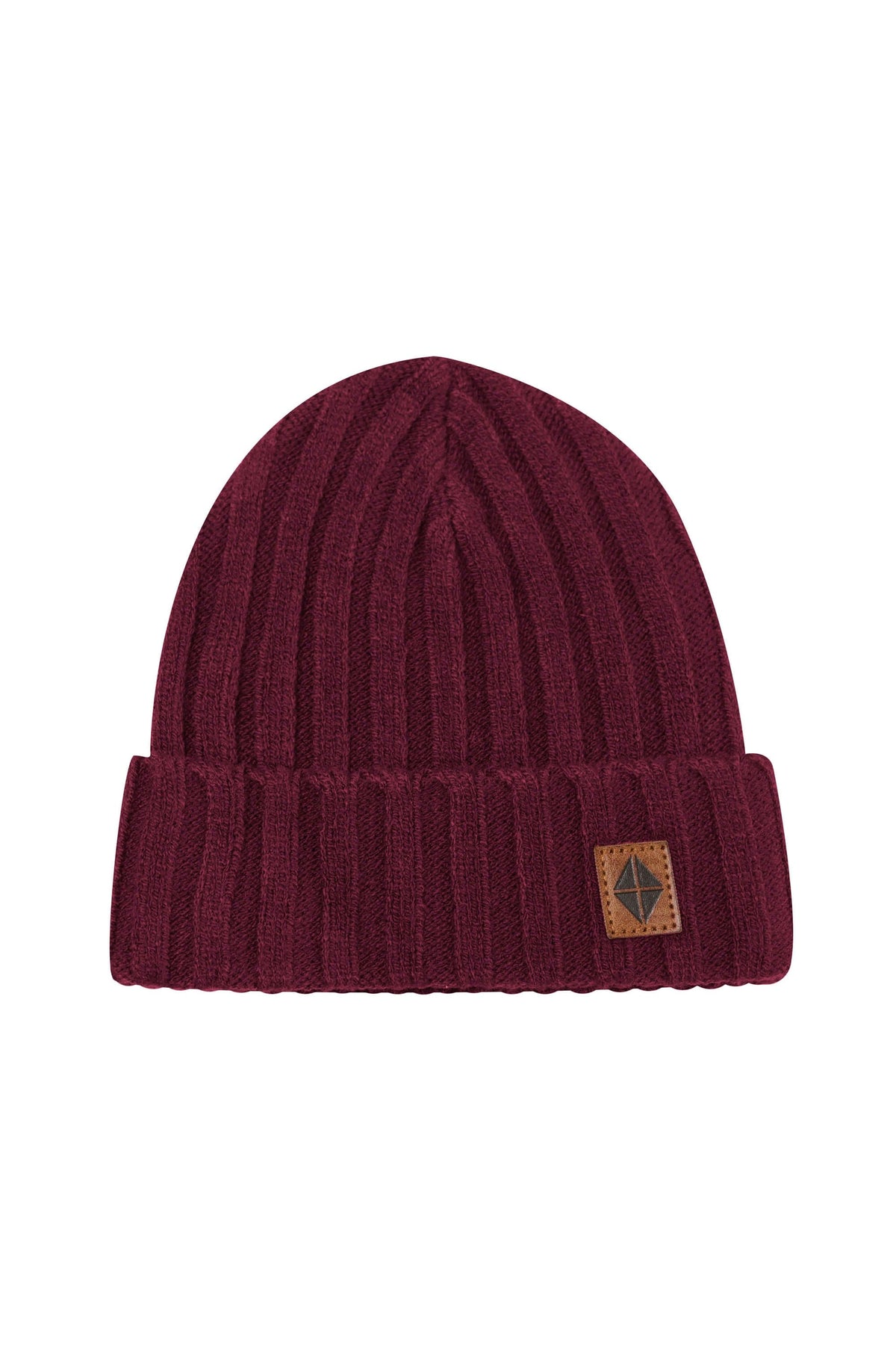 Product photo of the Chunky Knit Ribbed Beanie in Burgundy with the Kyte Baby Vegan leather tag visible