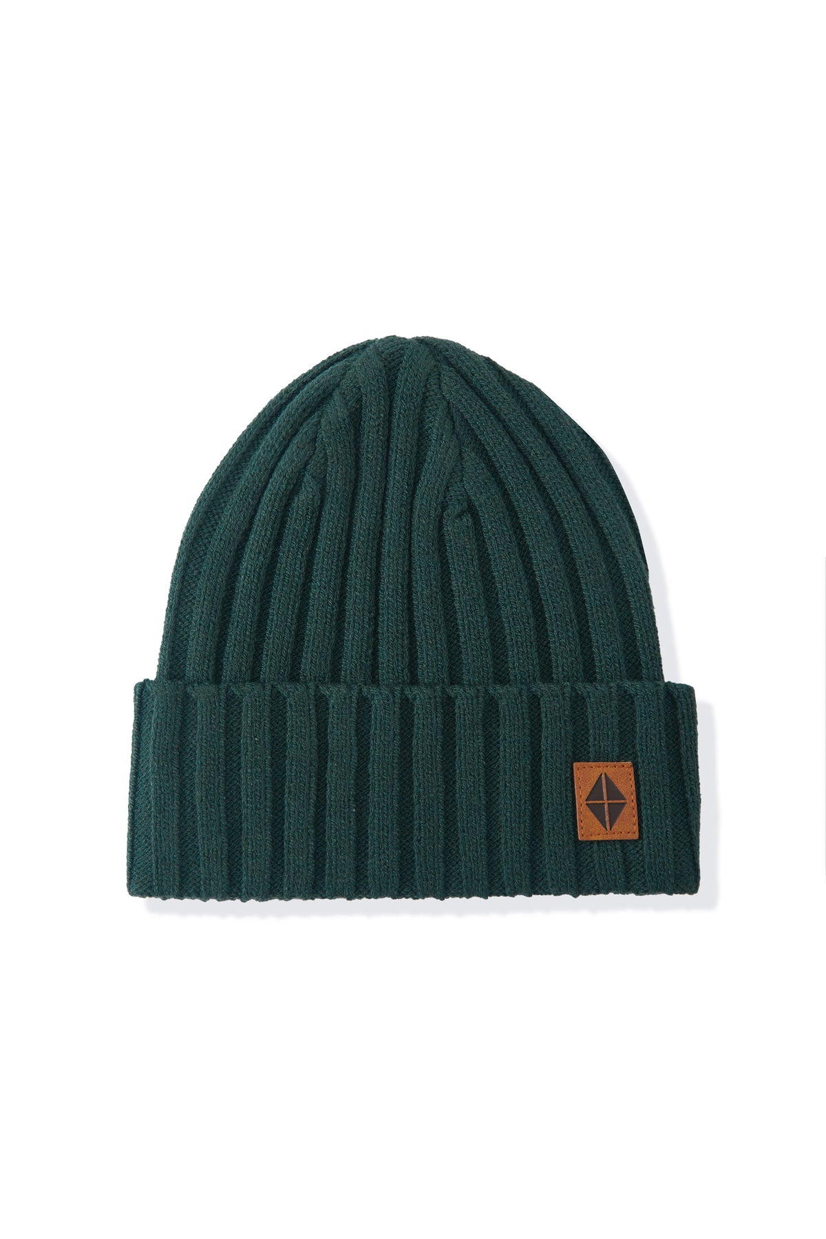 Chunky knit ribbed beanie in cypress on a white background