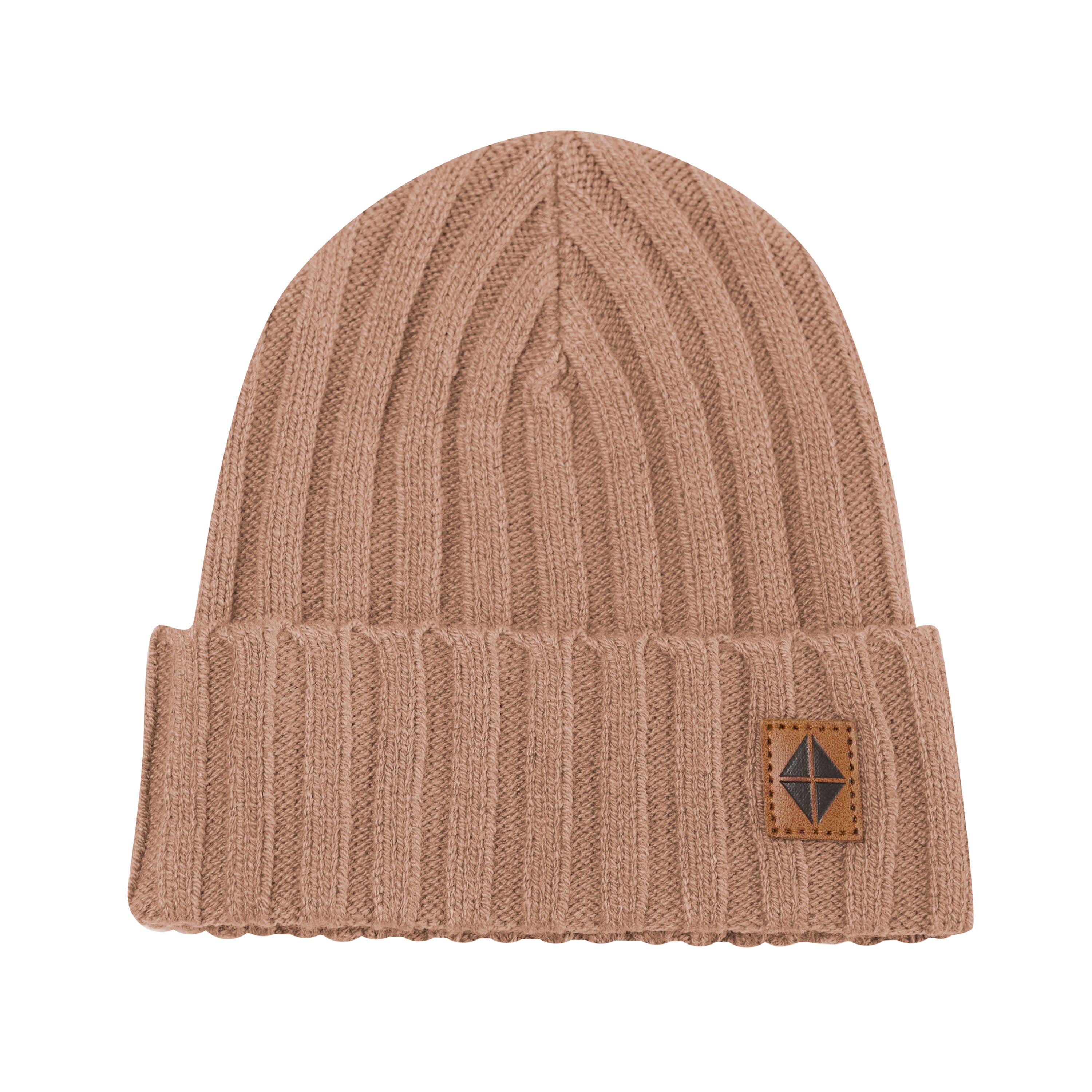Product photo of the Chunky Knit Ribbed Beanie in Latte with the Kyte Baby vegan leather tag visible