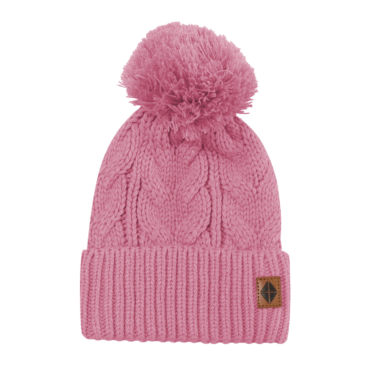 Product photo of the Chunky Cable Knit Beanie in Apple Blossom with the Kyte Baby vegan leather tag visible