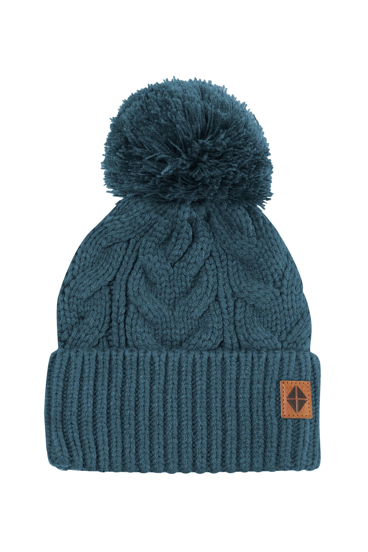 Product photo of the Chunky Cable Knit Beanie in Atlantic with the Kyte Baby vegan leather tag visible