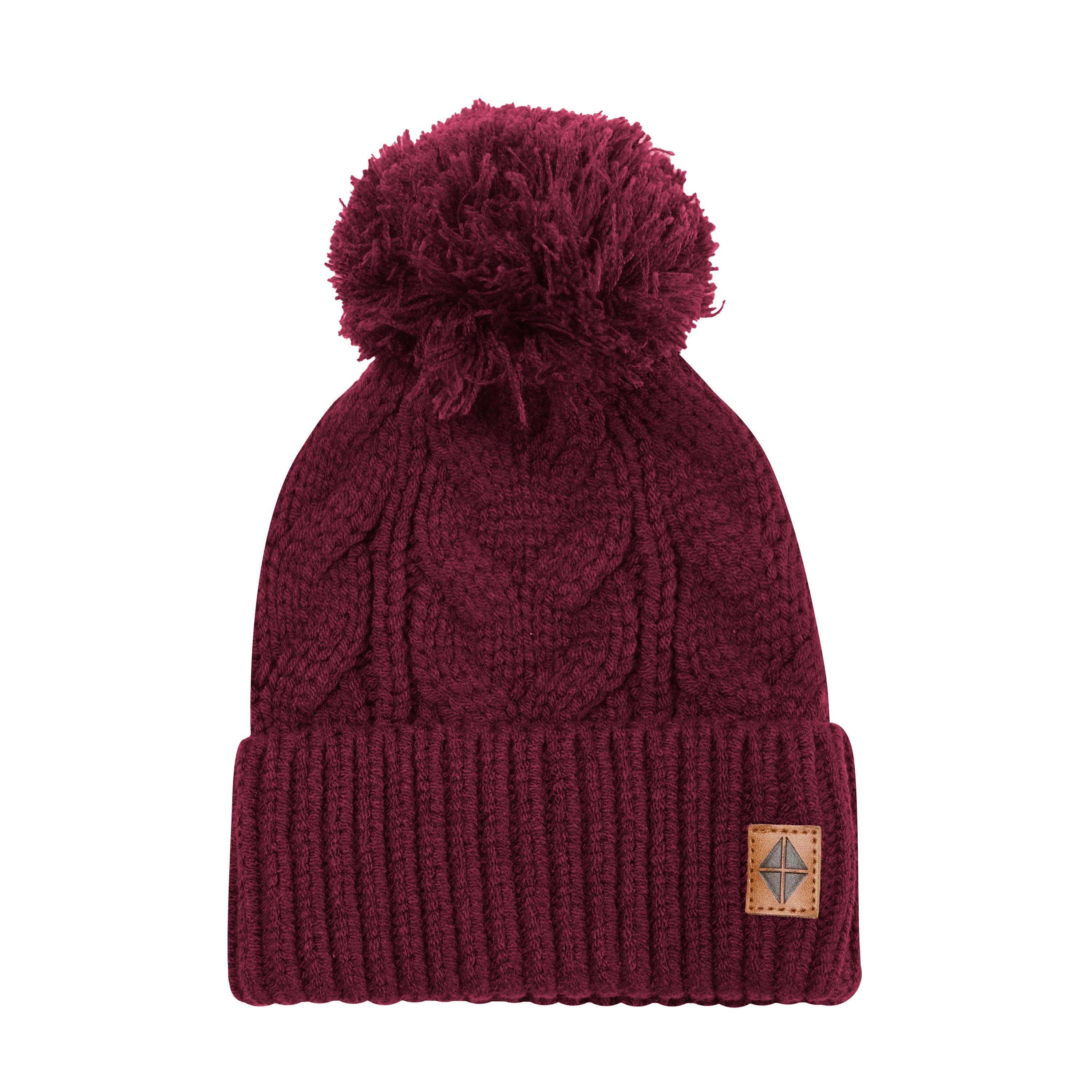 Product photo of the Chunky Cable Knit Beanie in Burgundy with the Kyte baby vegan leather tag visible