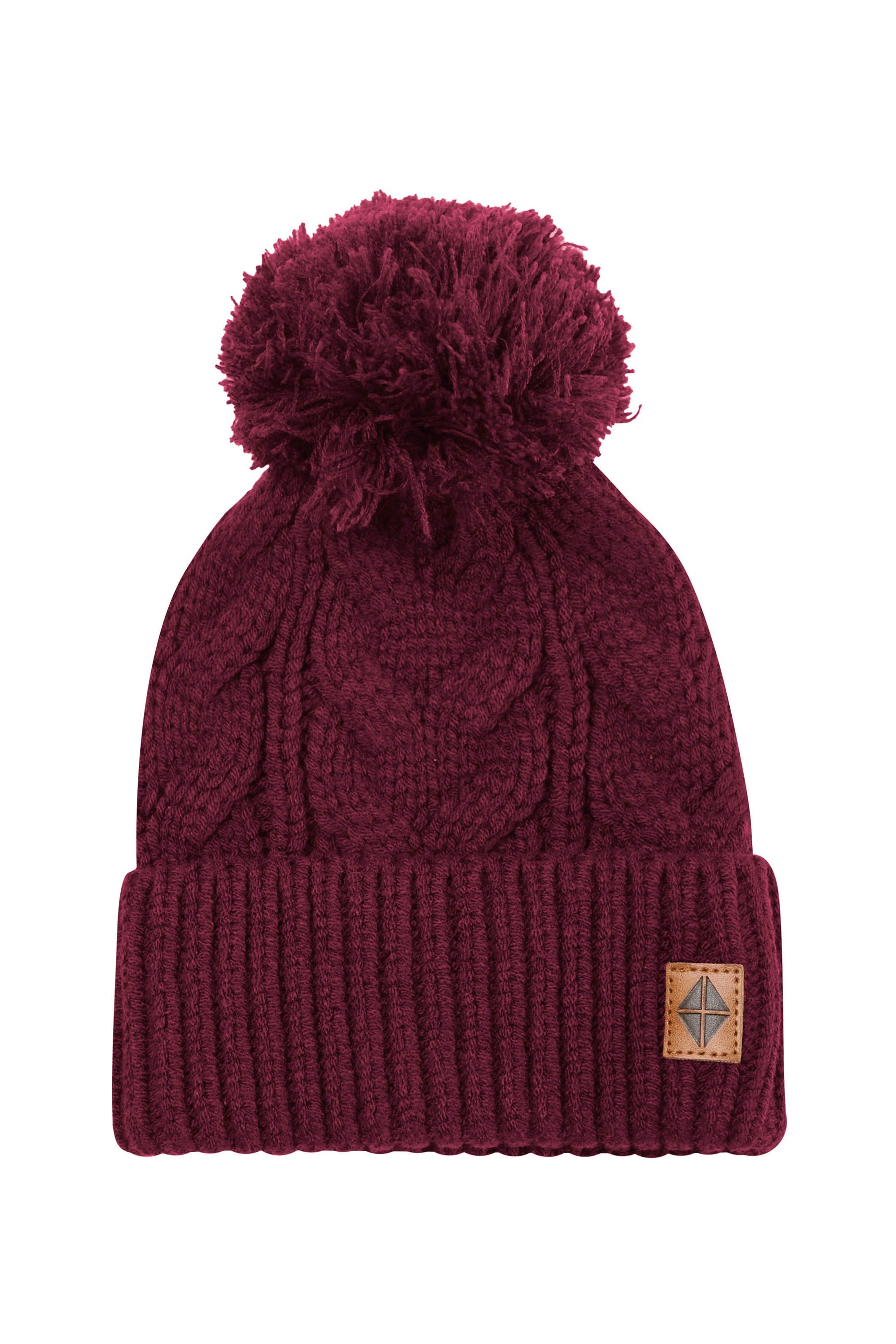 Product photo of the Chunky Cable Knit Beanie in Burgundy with the Kyte baby vegan leather tag visible