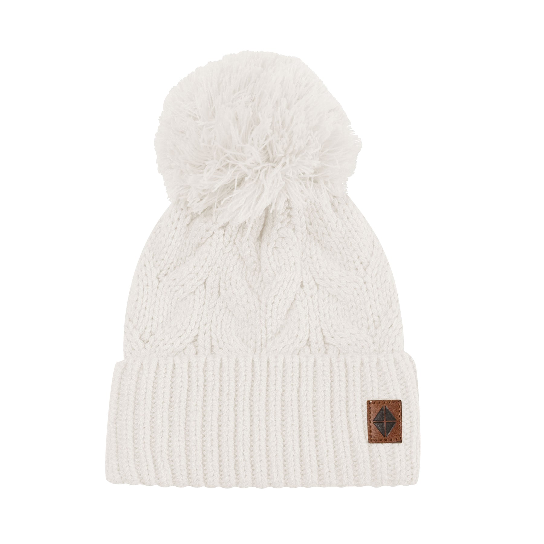 Product photo of the Chunky Cable Knit Beanie in Oat with the Kyte Baby Vegan leather tag visible