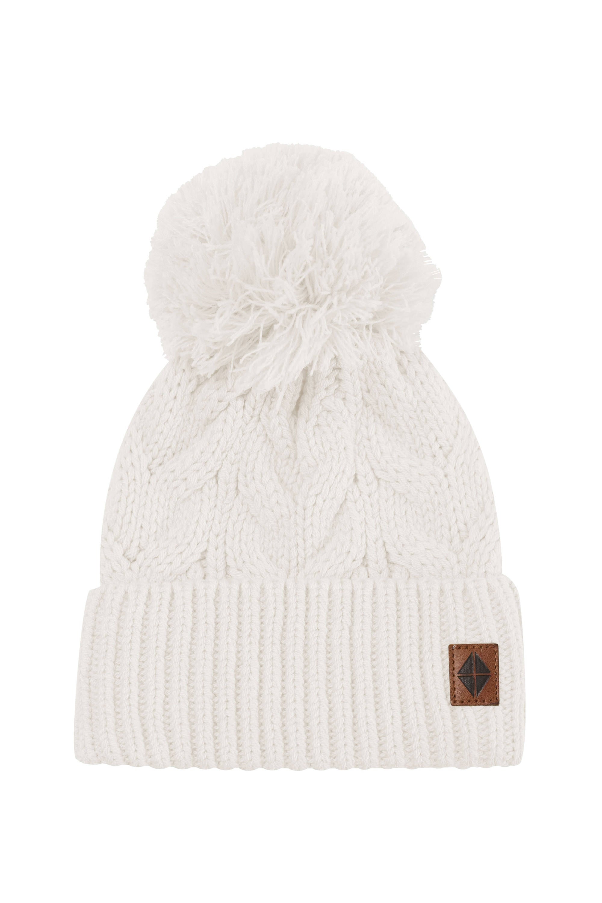 Product photo of the Chunky Cable Knit Beanie in Oat with the Kyte Baby Vegan leather tag visible