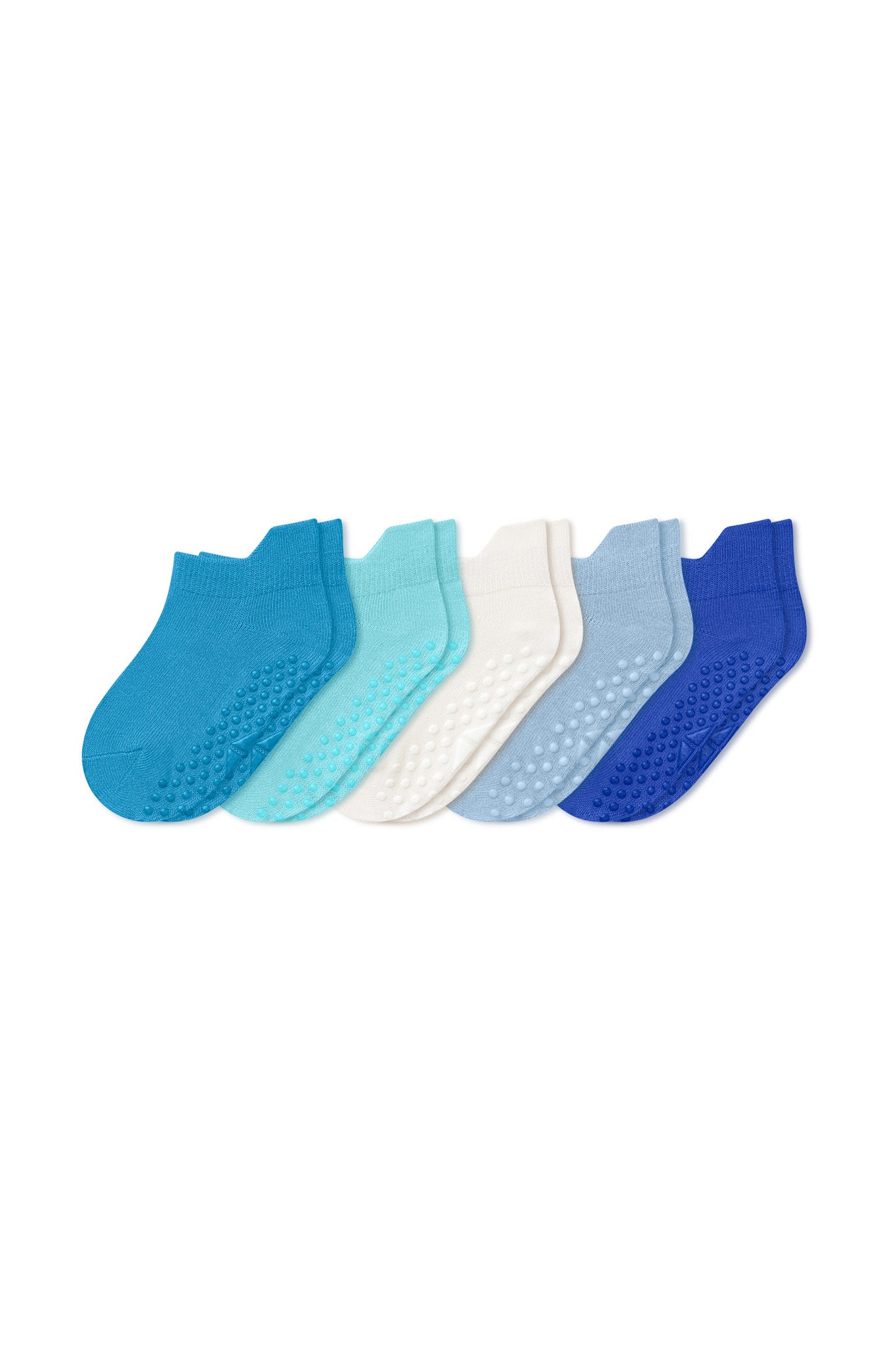 Six low-cut grip socks in various shades of blue, teal, and white, arranged in a fan shape on a plain white background.