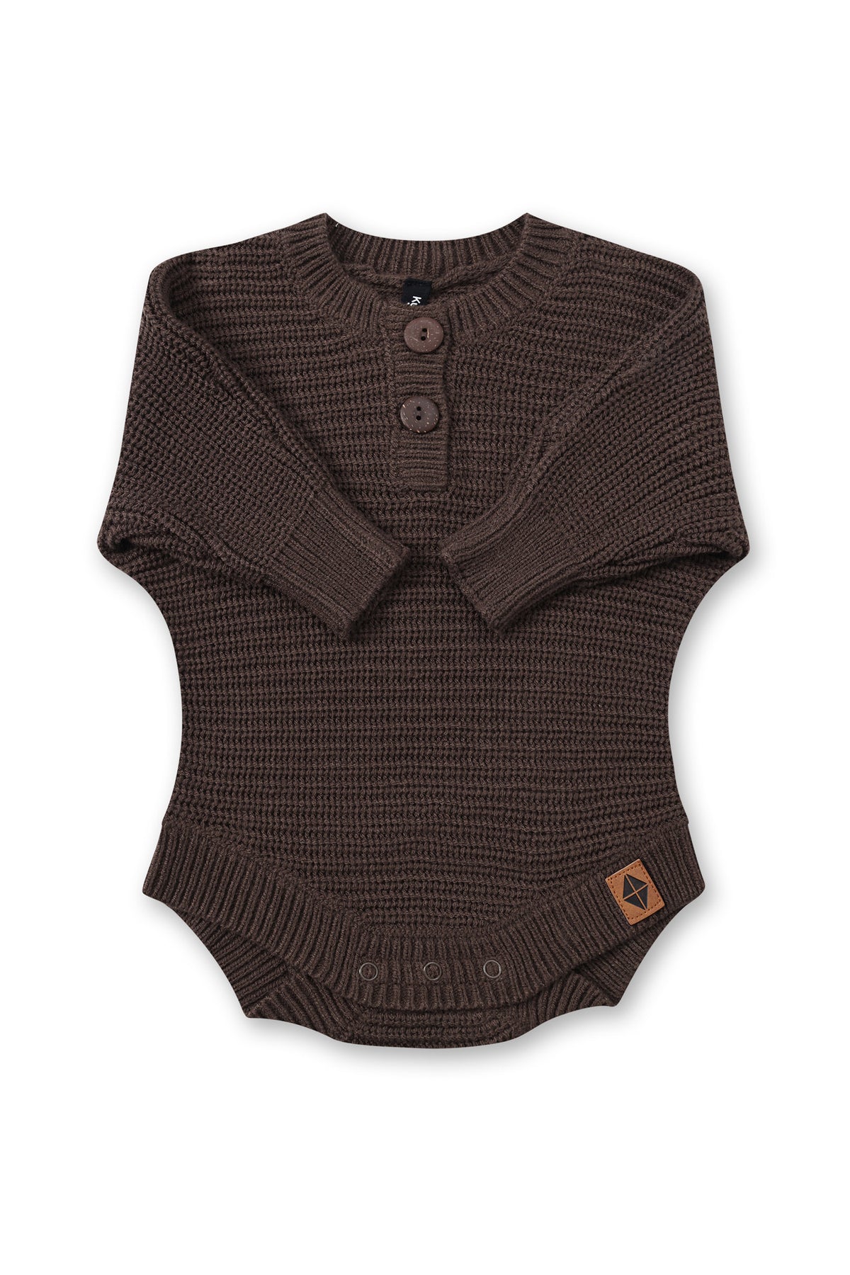 Chunky Knit Romper in Espresso with folded sleeves on a white background