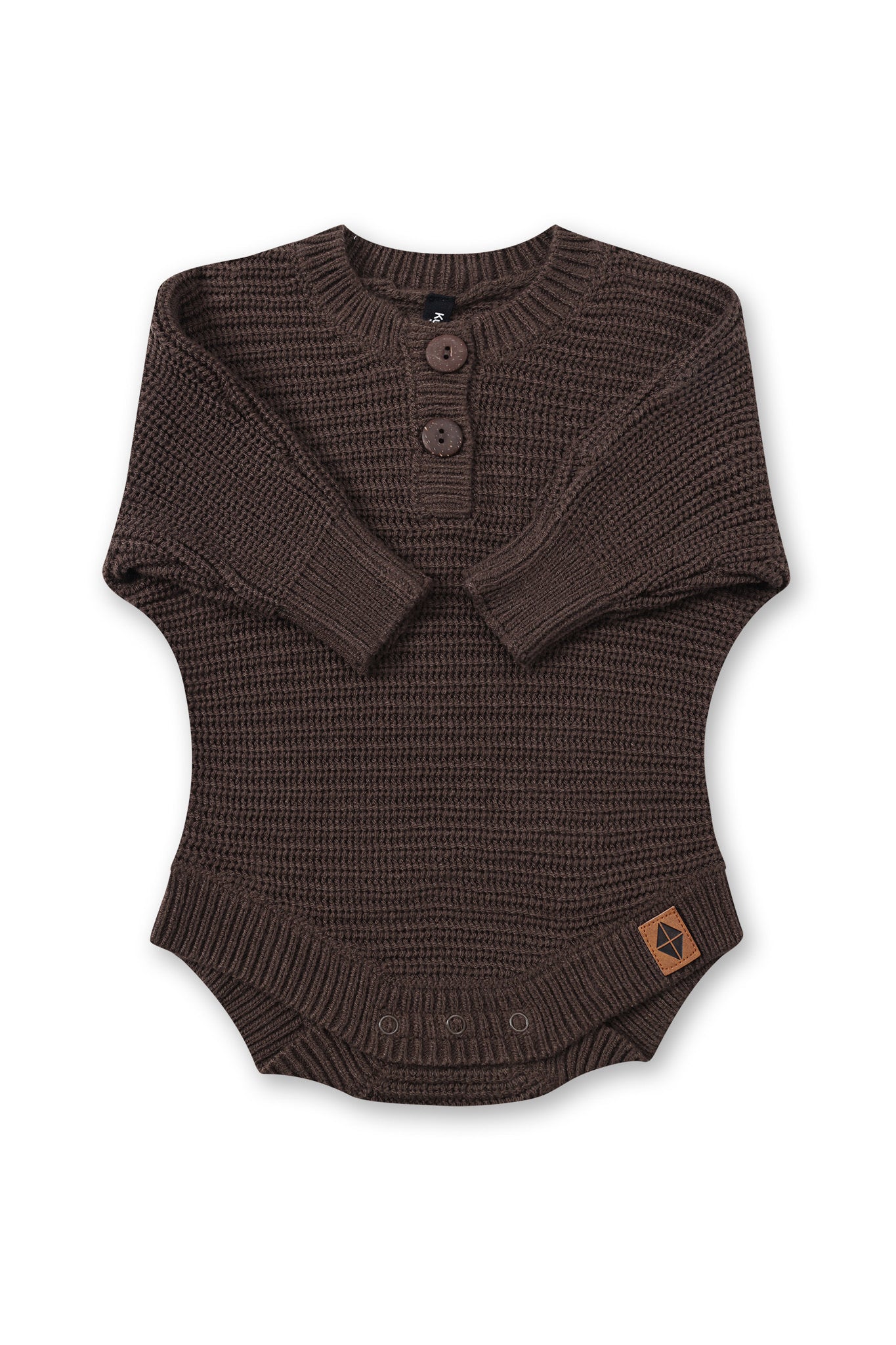 Chunky Knit Romper in Espresso with folded sleeves on a white background