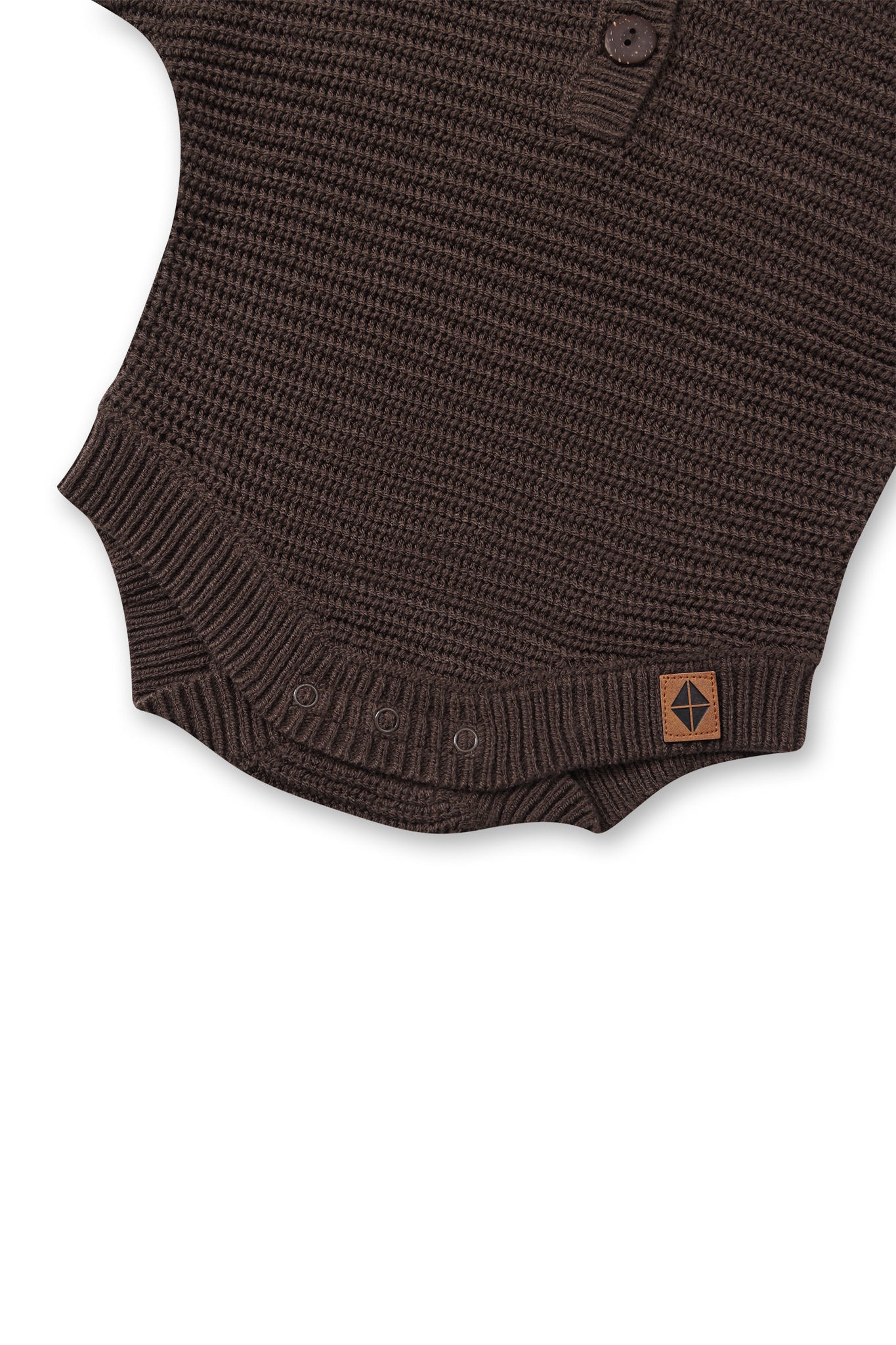 Bottom part of Chunky Knit Romper in Espresso with snap buttons on a white background