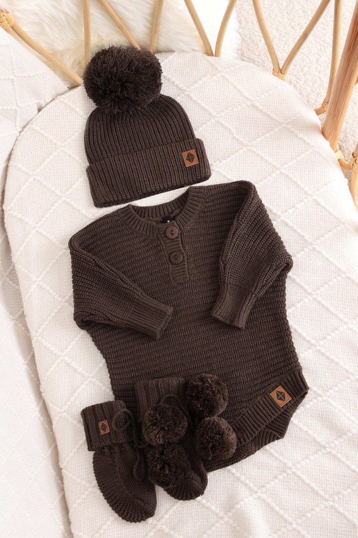 Chunky Knit Romper Set with Beanie & Booties in Espresso