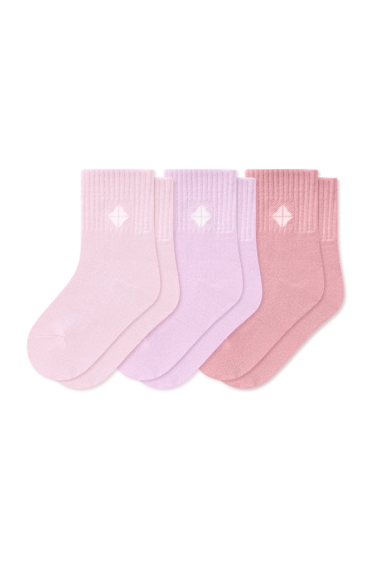3 pairs of baby/kid's crew socks in shades Sakura, Thistle and Crepe shown on a white background