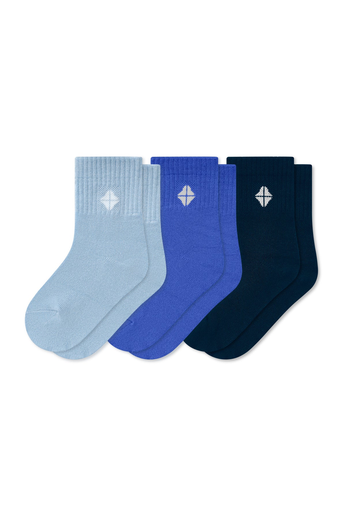 Product photo of the Crew Socks Combo 3-Pack in Denim set includes: Breeze, Indigo and Tahoe shown on a white background