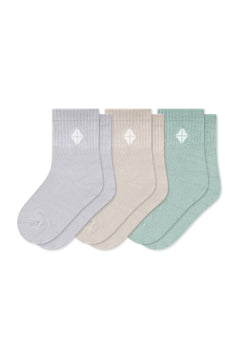 Crew Socks Combo 3-Pack in Oat, Storm, and Sage laying flat on a white surface.