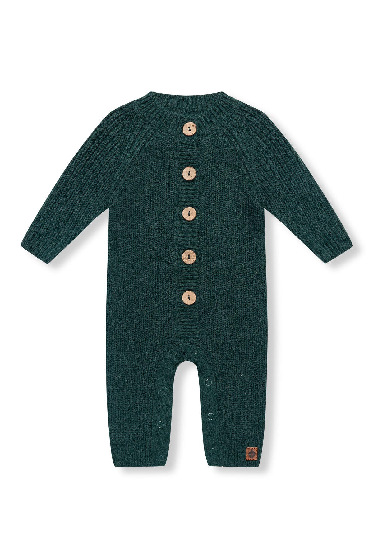 Chunky Knit Jumpsuit in Cypress with buttons on a white background
