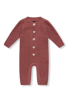 Chunky Knit Jumpsuit in Ember with buttons on a white background
