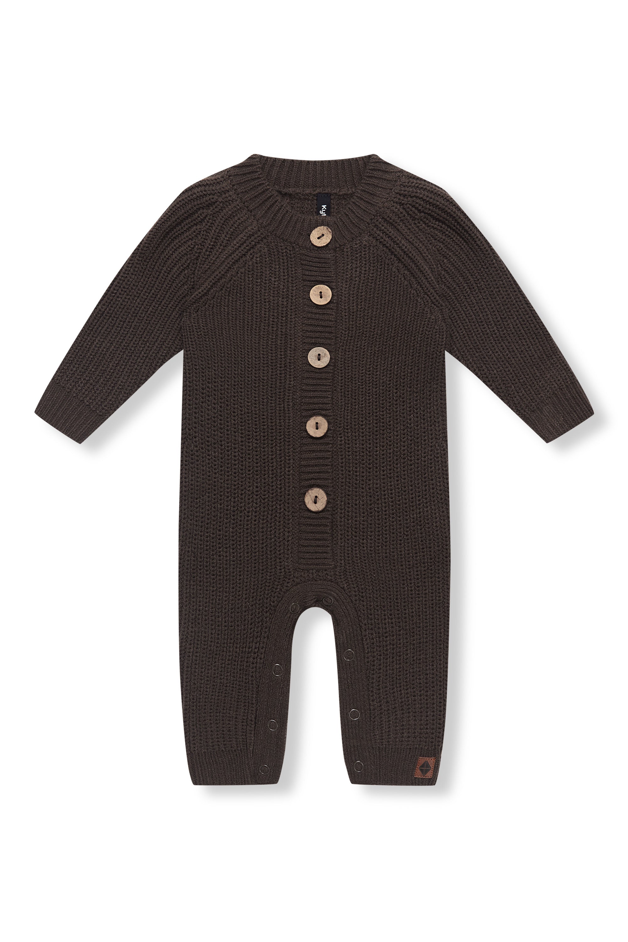 Chunky Knit Jumpsuit in espresso with buttons on a white background