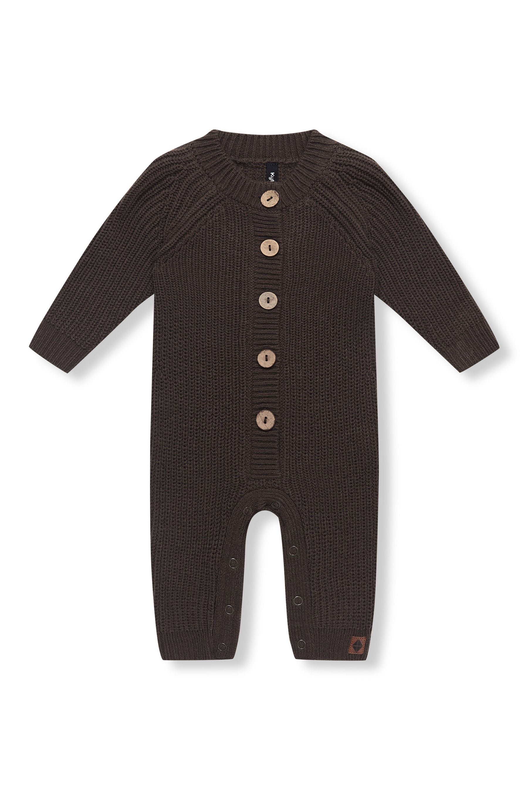 Chunky Knit Jumpsuit in espresso with buttons on a white background