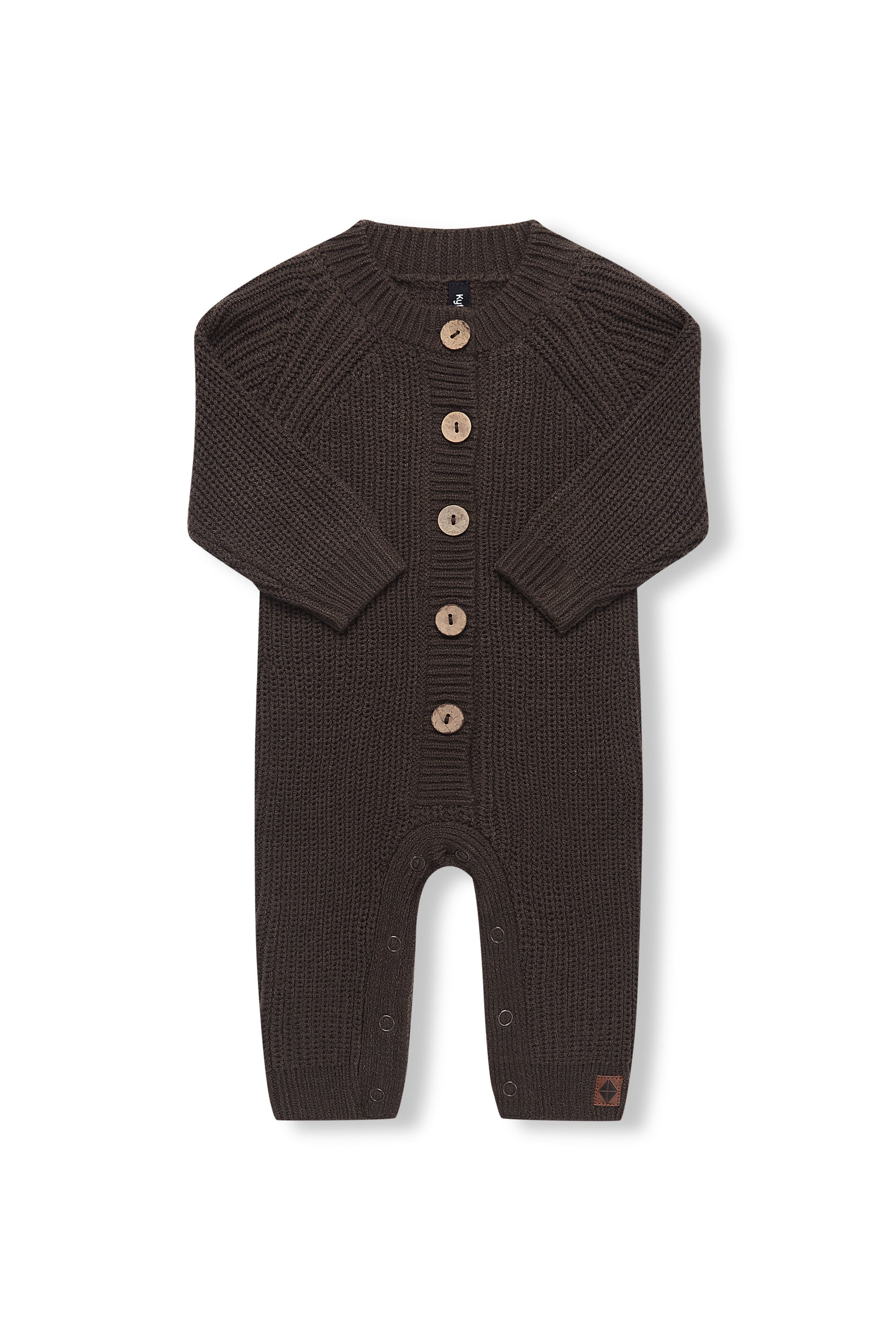 Chunky Knit Jumpsuit in espresso with folded sleeves on a white background