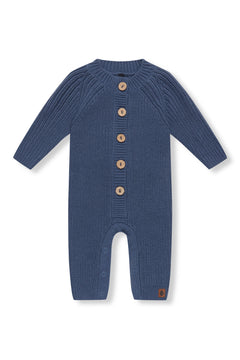 Chunky Knit Jumpsuit in oxford with buttons on a white background