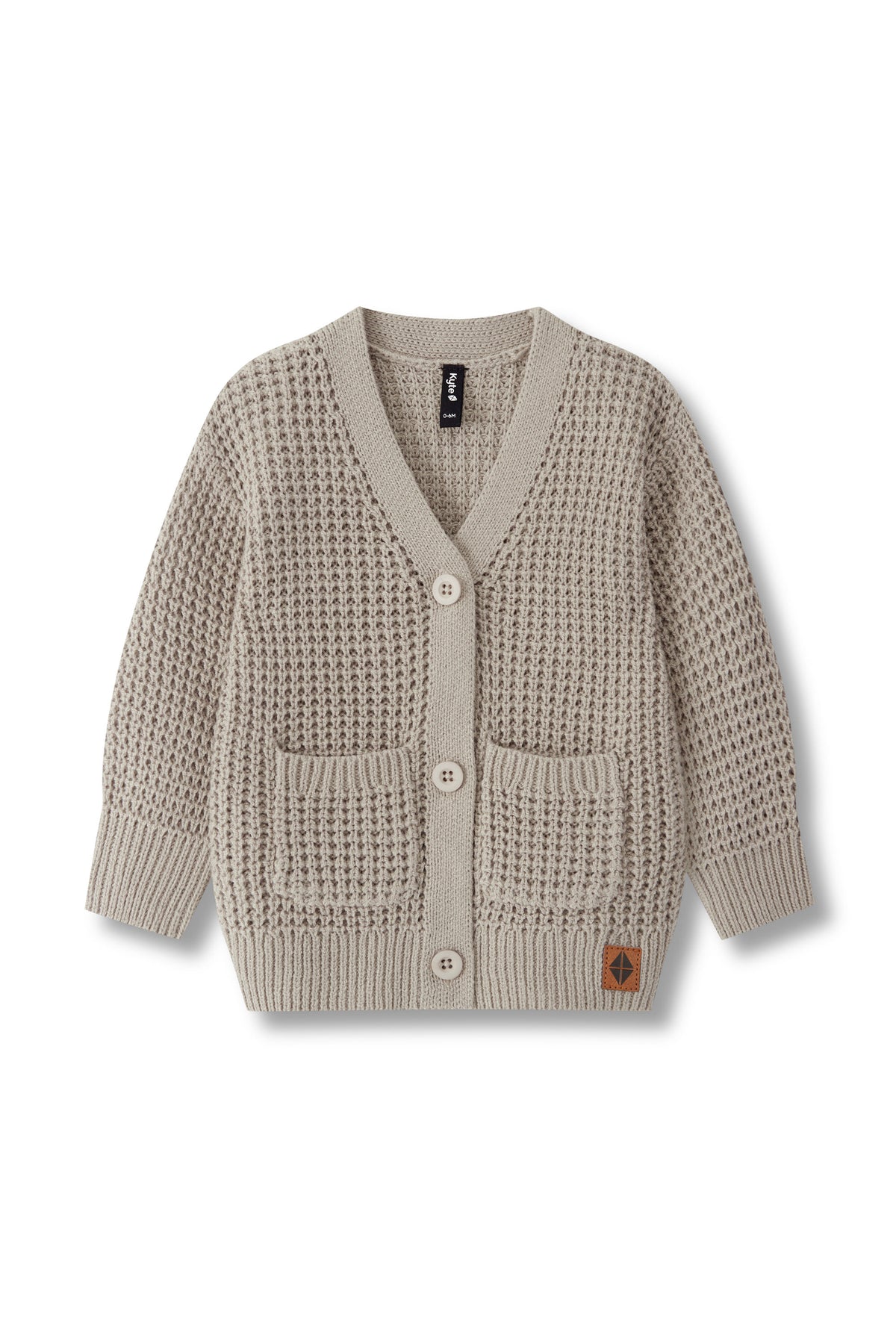 A beige textured knit cardigan sweater with a V-neck, three buttons, and two front patch pockets, shown flat on a white background.