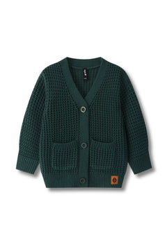 A dark green textured knit cardigan sweater with a V-neck, three buttons, and two front patch pockets, shown flat on a white background.
