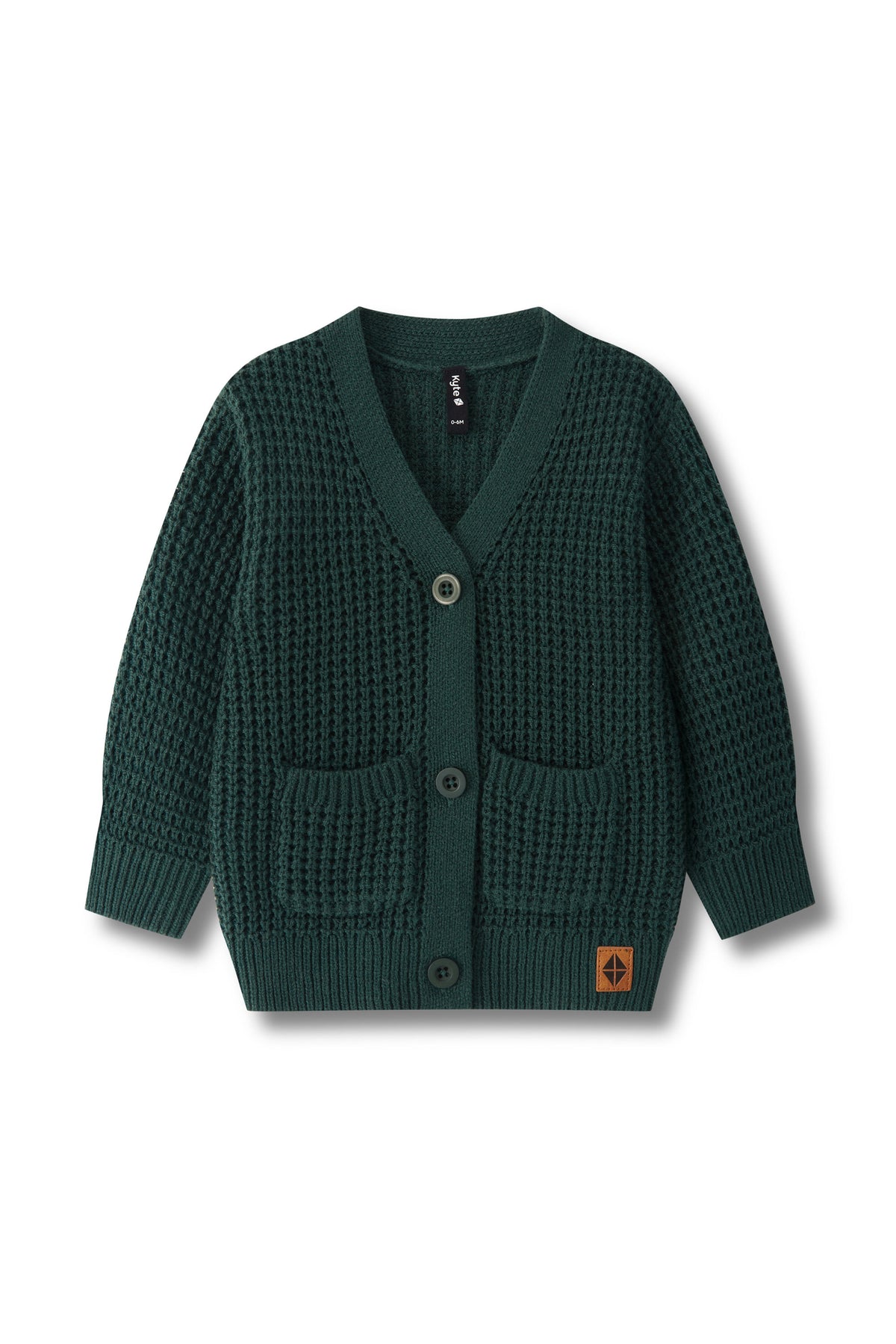 A dark green textured knit cardigan sweater with a V-neck, three buttons, and two front patch pockets, shown flat on a white background.