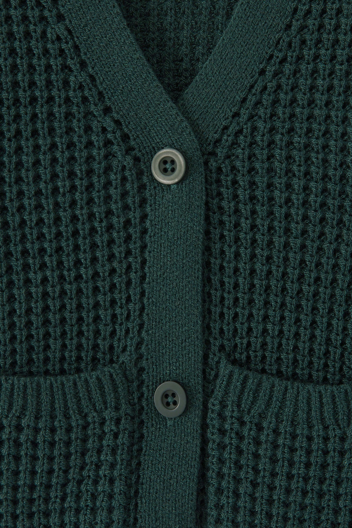 Close-up of a textured knit cardigan in a dark green color, featuring a waffle-weave pattern, ribbed trim, and two white buttons.