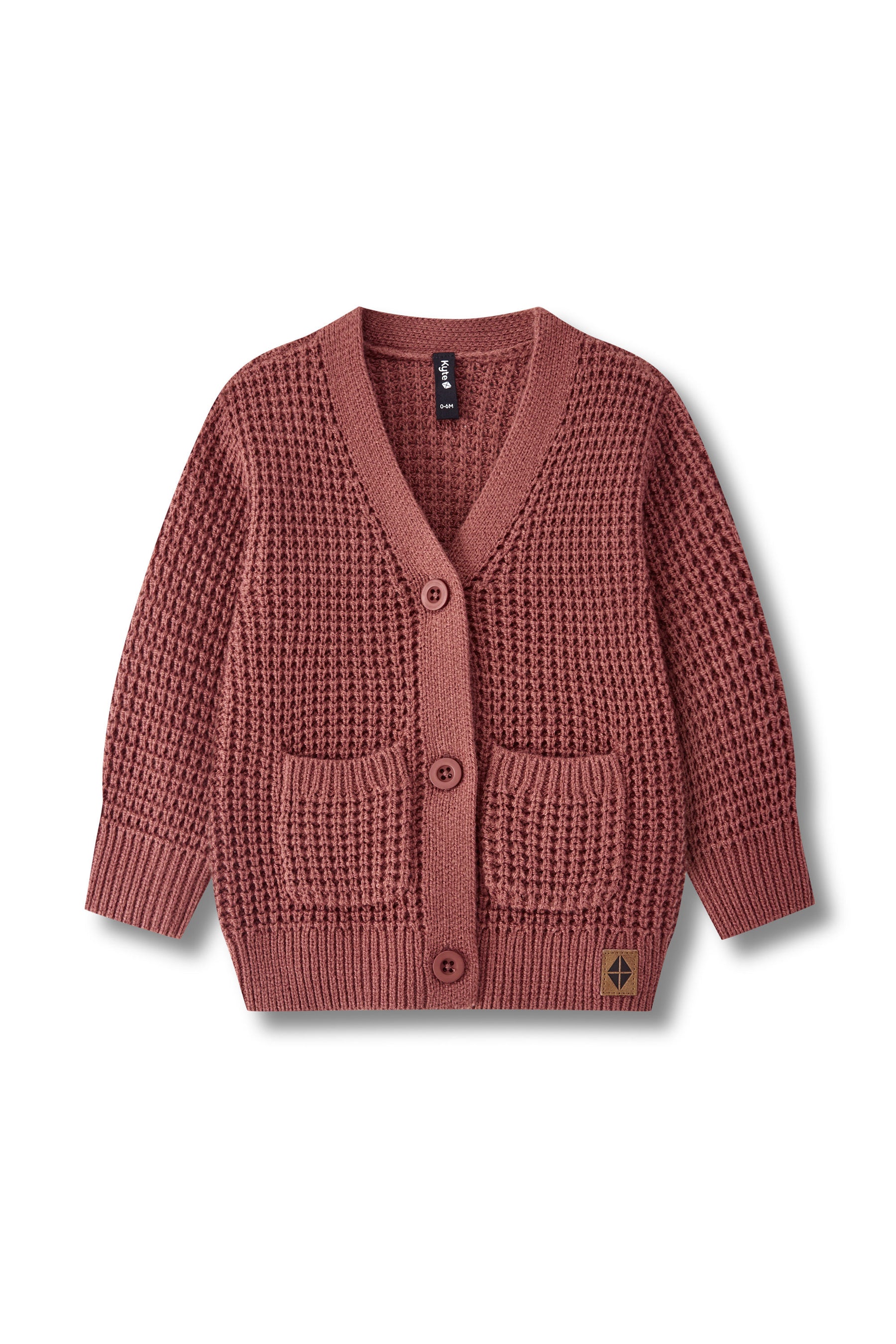 An ember textured knit cardigan sweater with a V-neck, three buttons, and two front patch pockets, shown flat on a white background.