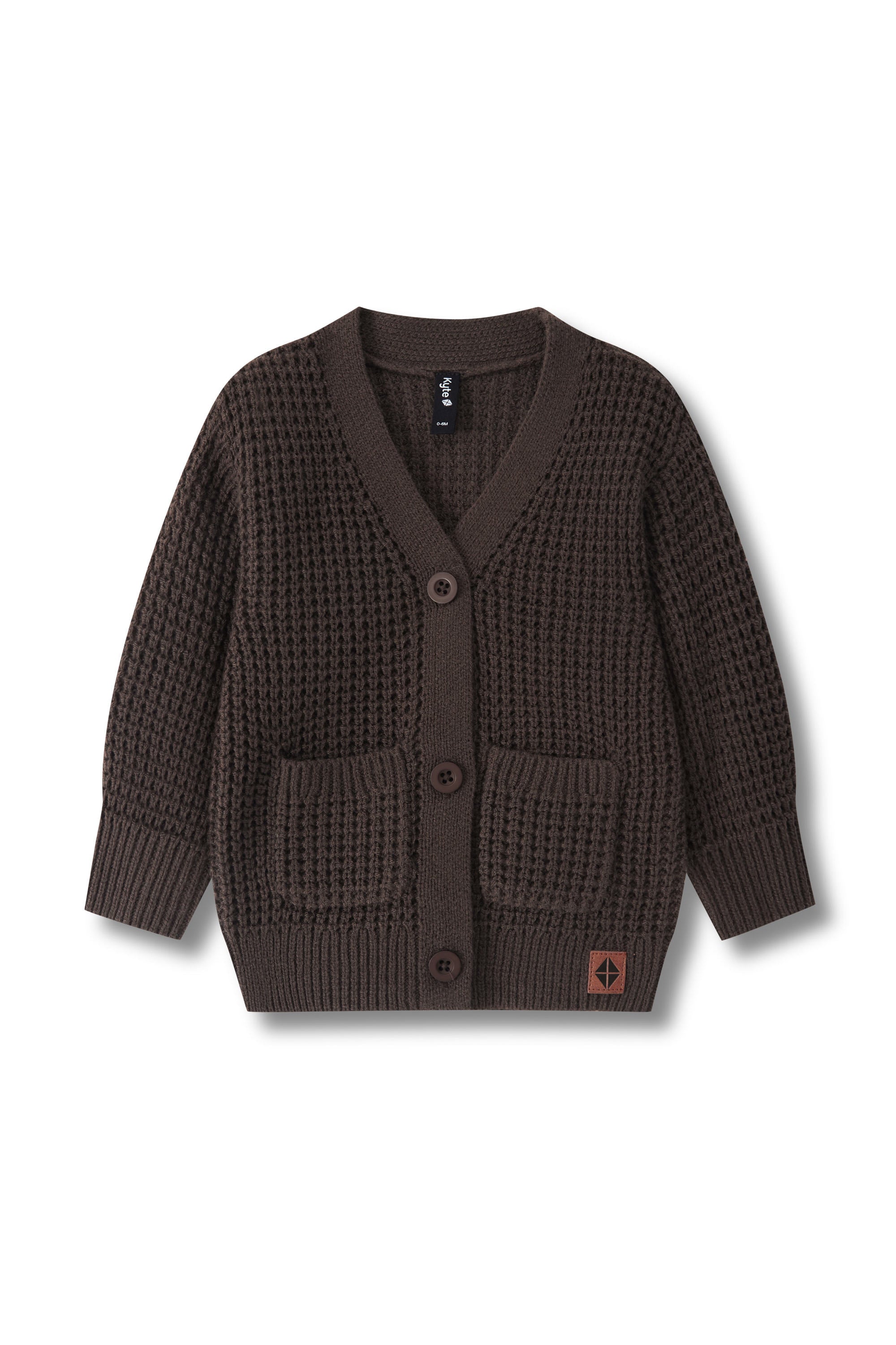 A dark brown textured knit cardigan sweater with a V-neck, three buttons, and two front patch pockets, shown flat on a white background.