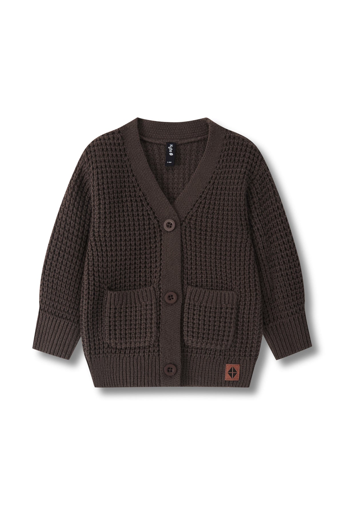 A dark brown textured knit cardigan sweater with a V-neck, three buttons, and two front patch pockets, shown flat on a white background.