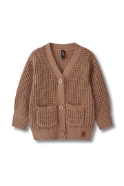 A brown textured knit cardigan sweater with a V-neck, three buttons, and two front patch pockets, shown flat on a white background.
