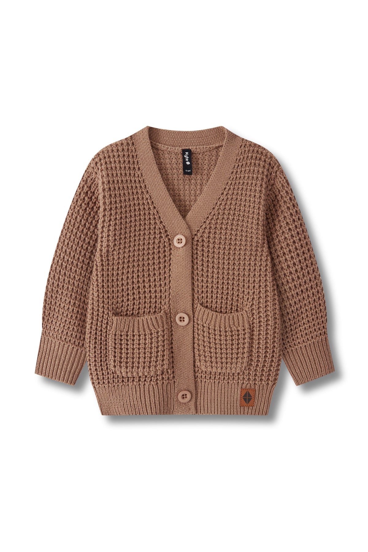 A brown textured knit cardigan sweater with a V-neck, three buttons, and two front patch pockets, shown flat on a white background.