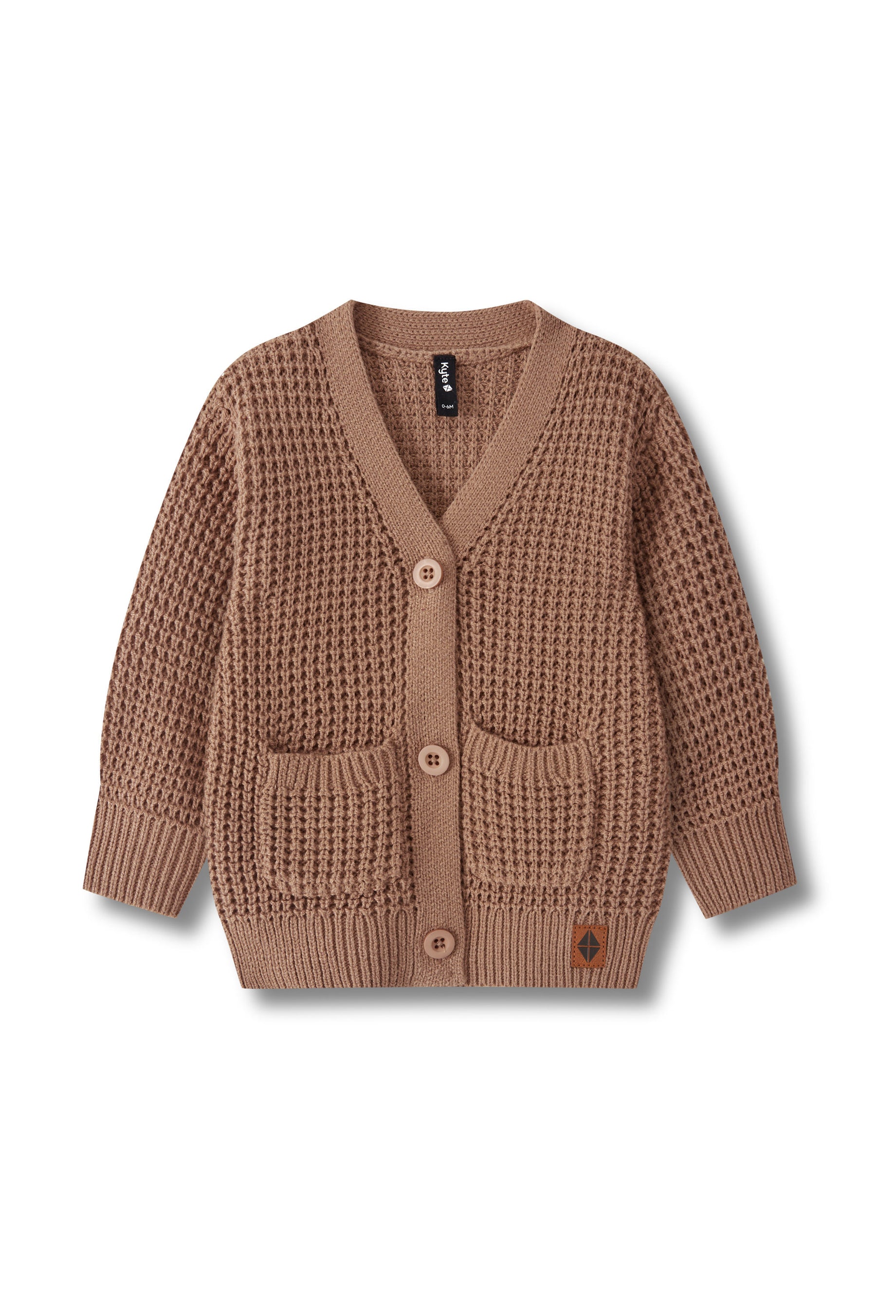A brown textured knit cardigan sweater with a V-neck, three buttons, and two front patch pockets, shown flat on a white background.