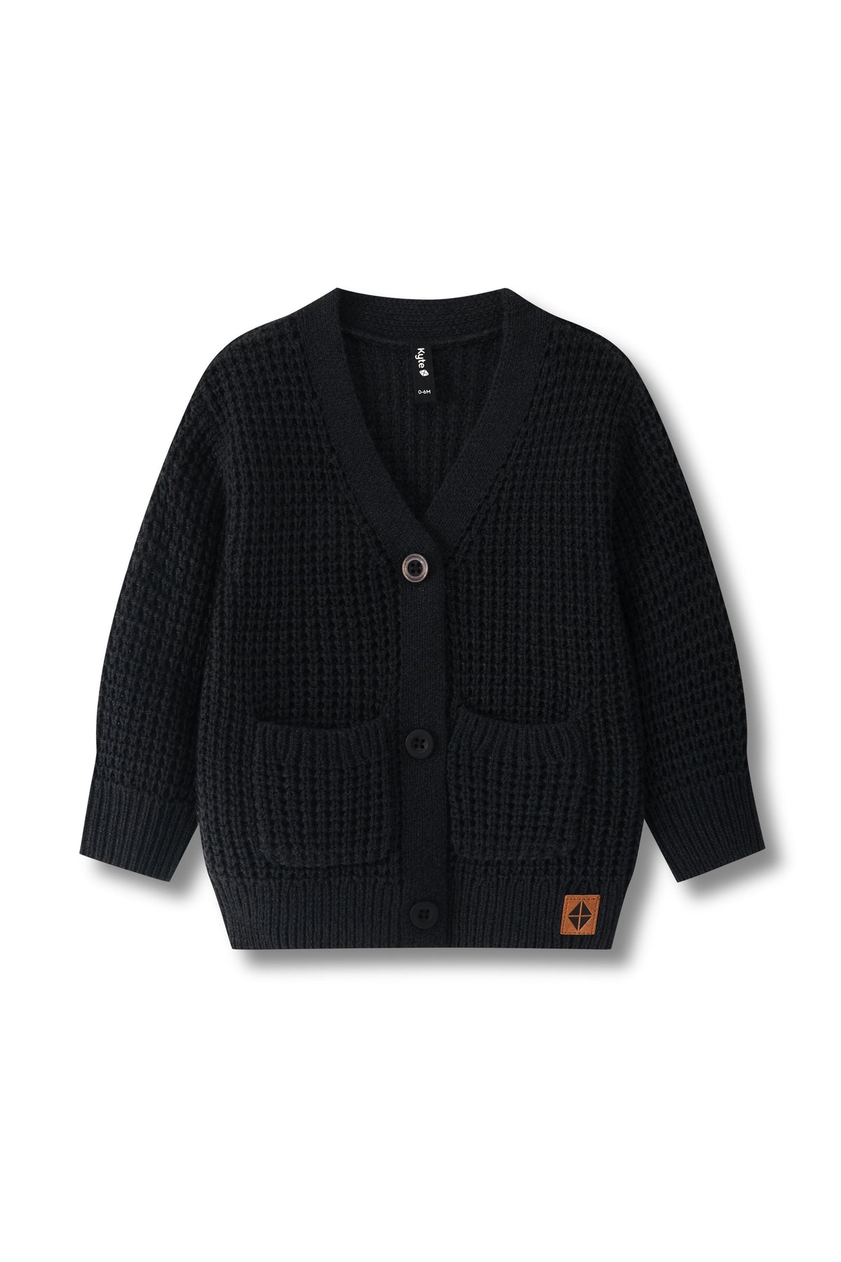 A black textured knit cardigan sweater with a V-neck, three buttons, and two front patch pockets, shown flat on a white background.