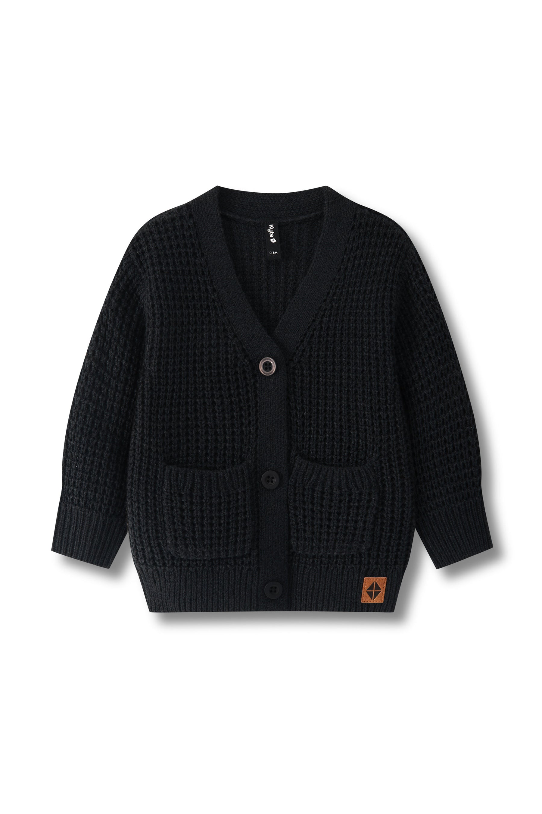 A black textured knit cardigan sweater with a V-neck, three buttons, and two front patch pockets, shown flat on a white background.