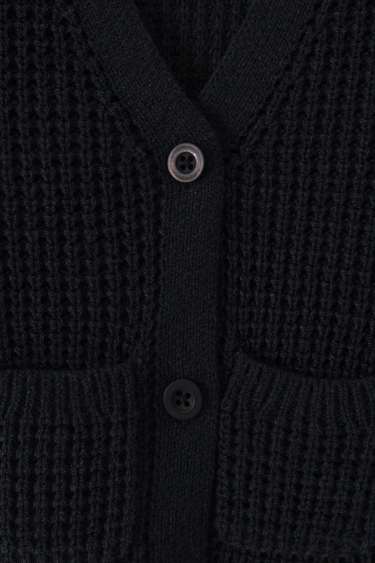 Close-up of a textured knit cardigan in black color, featuring a waffle-weave pattern, ribbed trim, and two white buttons.