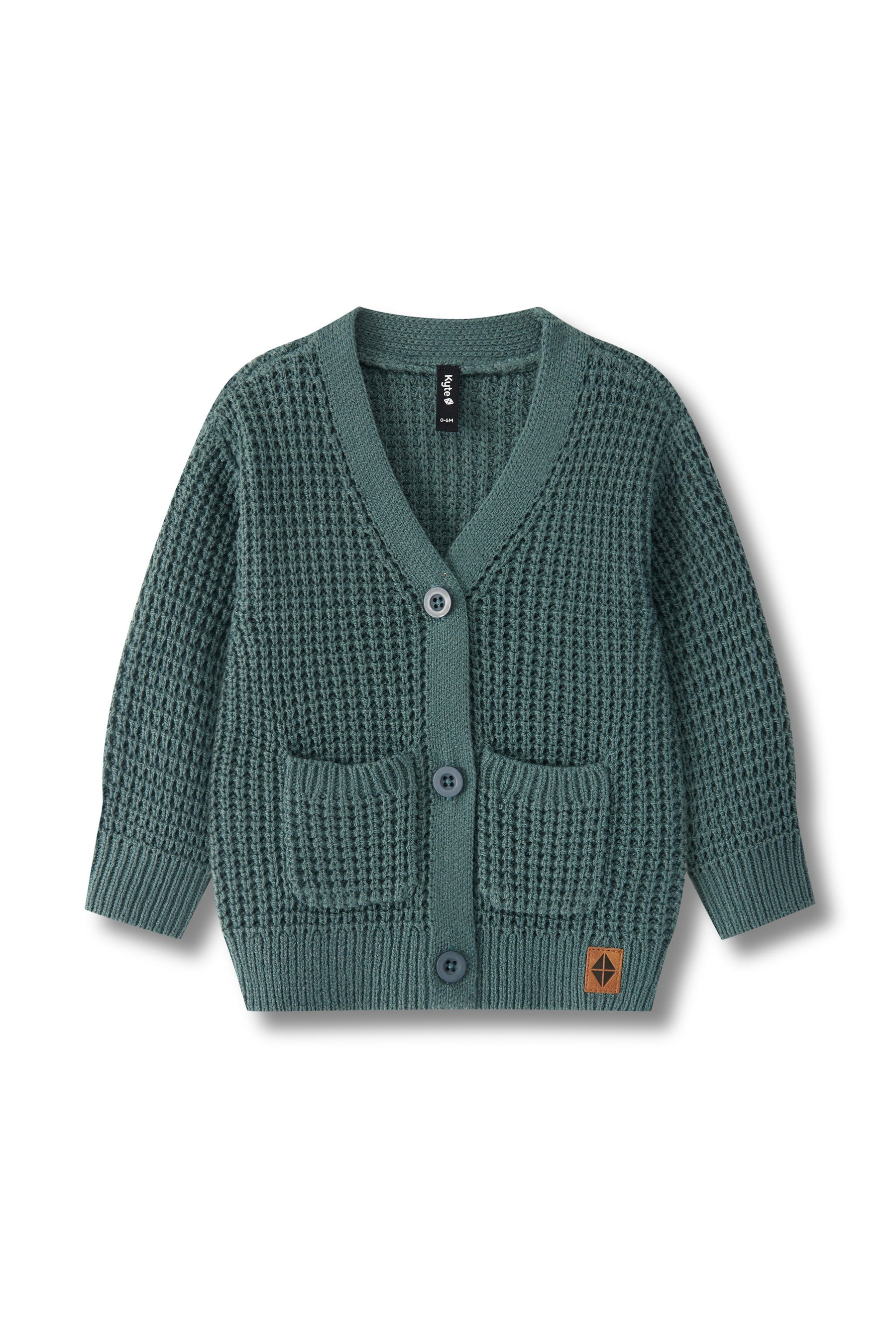 A green textured knit cardigan sweater with a V-neck, three buttons, and two front patch pockets, shown flat on a white background.