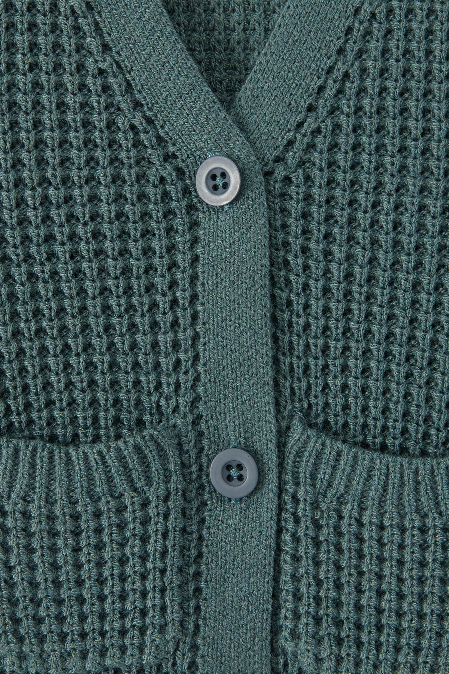 Close-up of a textured knit cardigan in a green color, featuring a waffle-weave pattern, ribbed trim, and two white buttons.